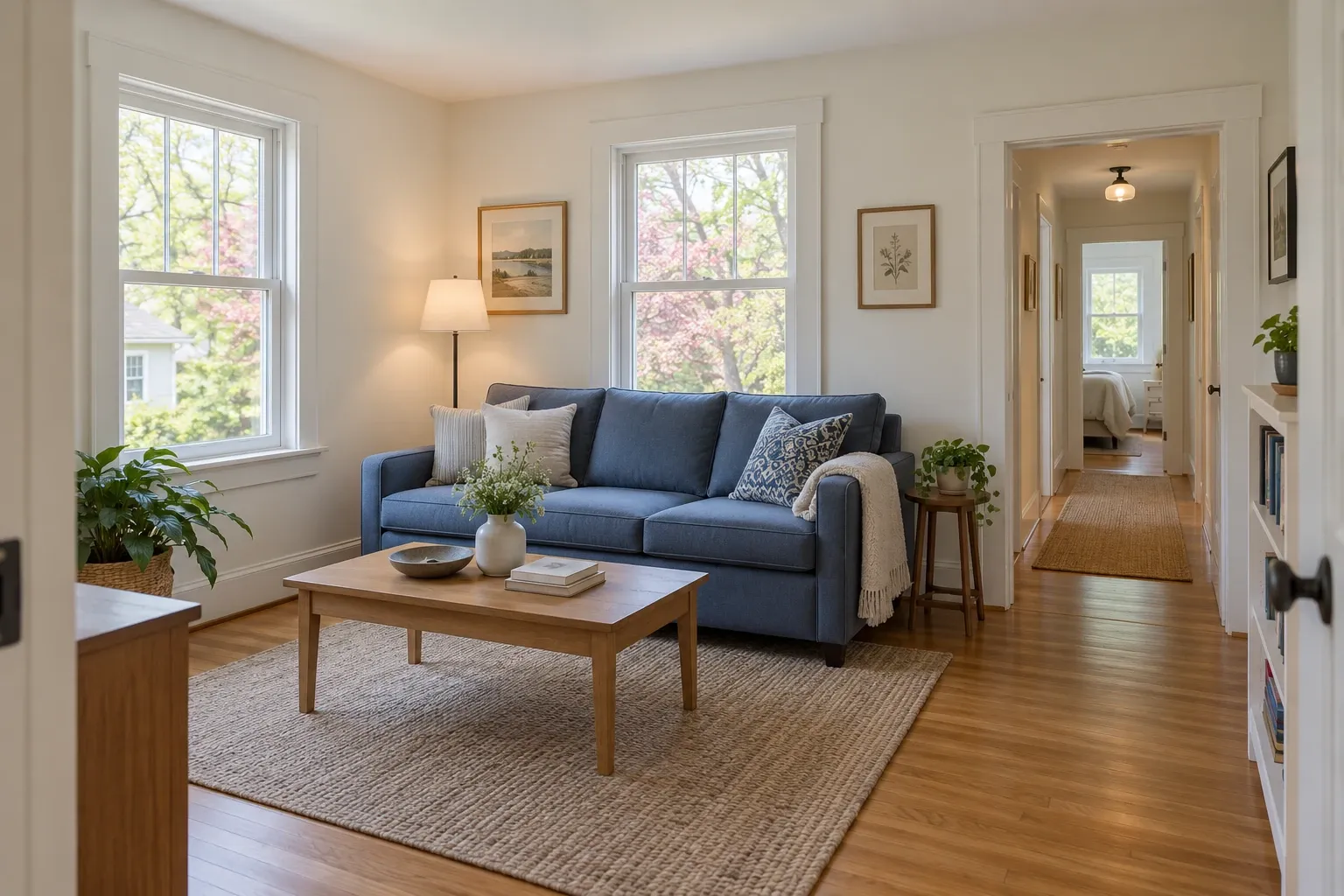 Finished living room with a blue sofa, oak floor and white-trimmed windows