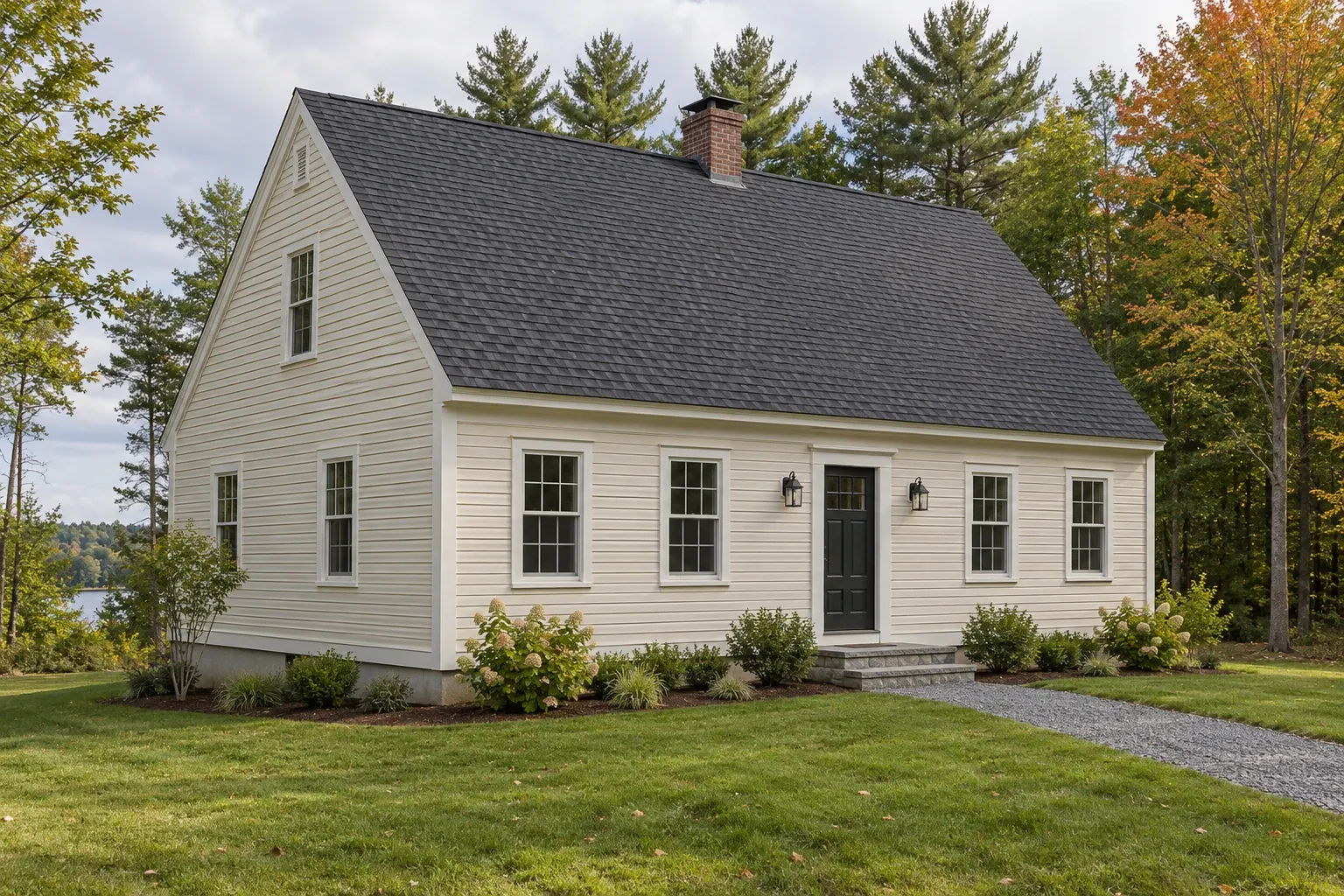 Cream Cape-style home with a dark roof and a gravel entry path