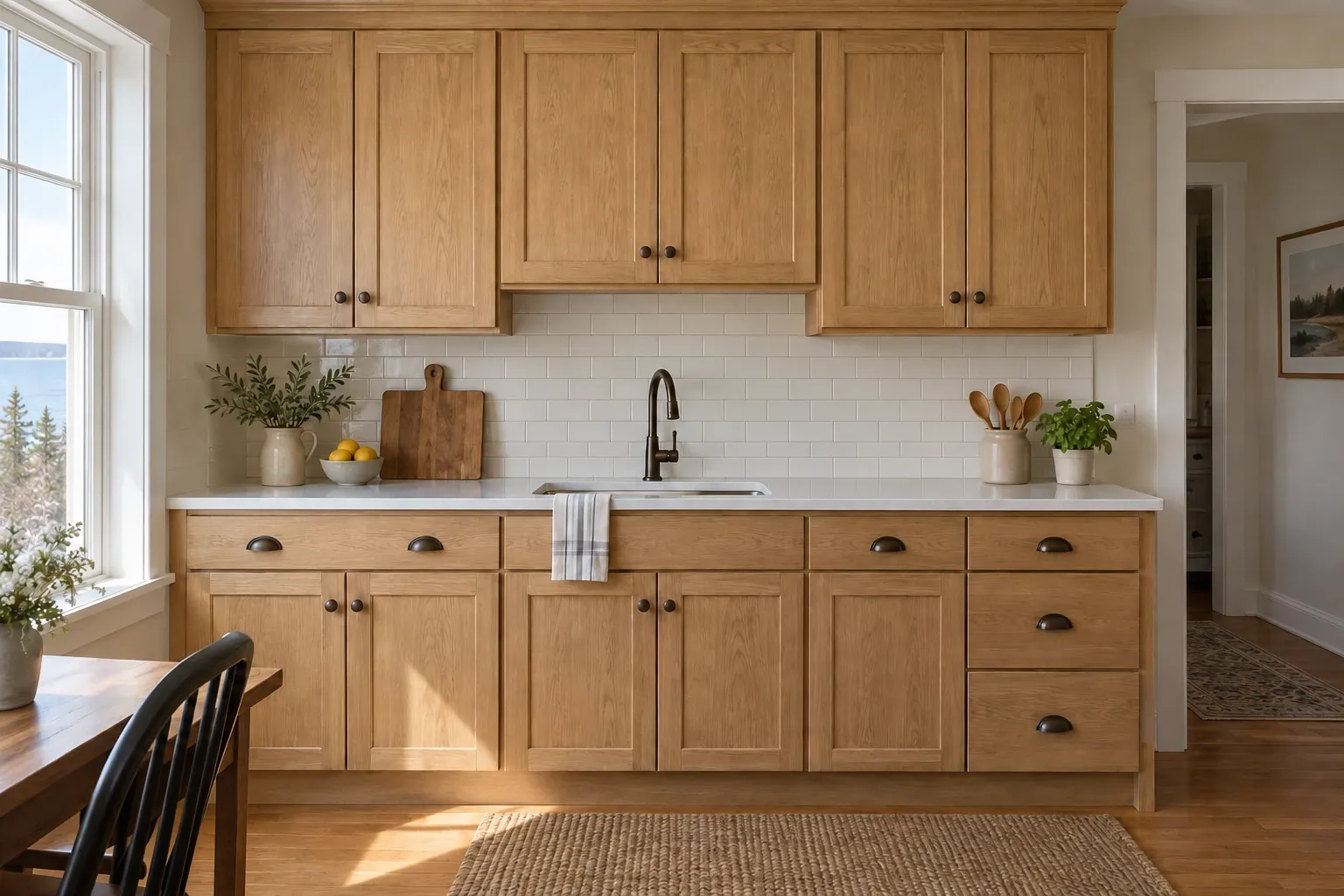 Finished oak shaker cabinetry with white countertops and a tiled backsplash