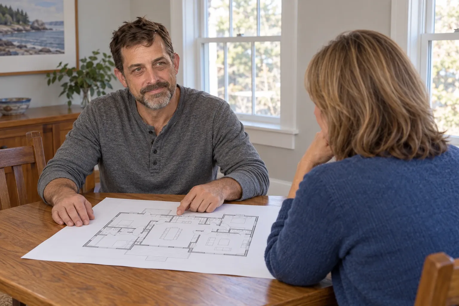 Ray Dyer and a homeowner discuss a floor plan at a dining table