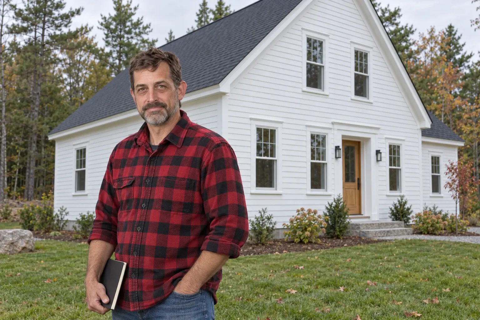 Ray Dyer holding a plain notebook beside a completed white clapboard home
