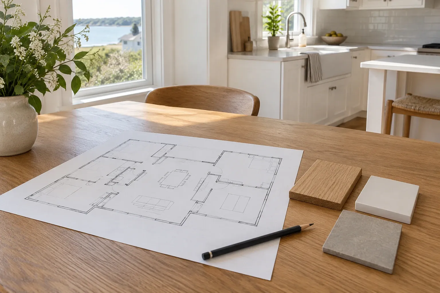 Floor plan, pencil and three material samples on an oak kitchen table
