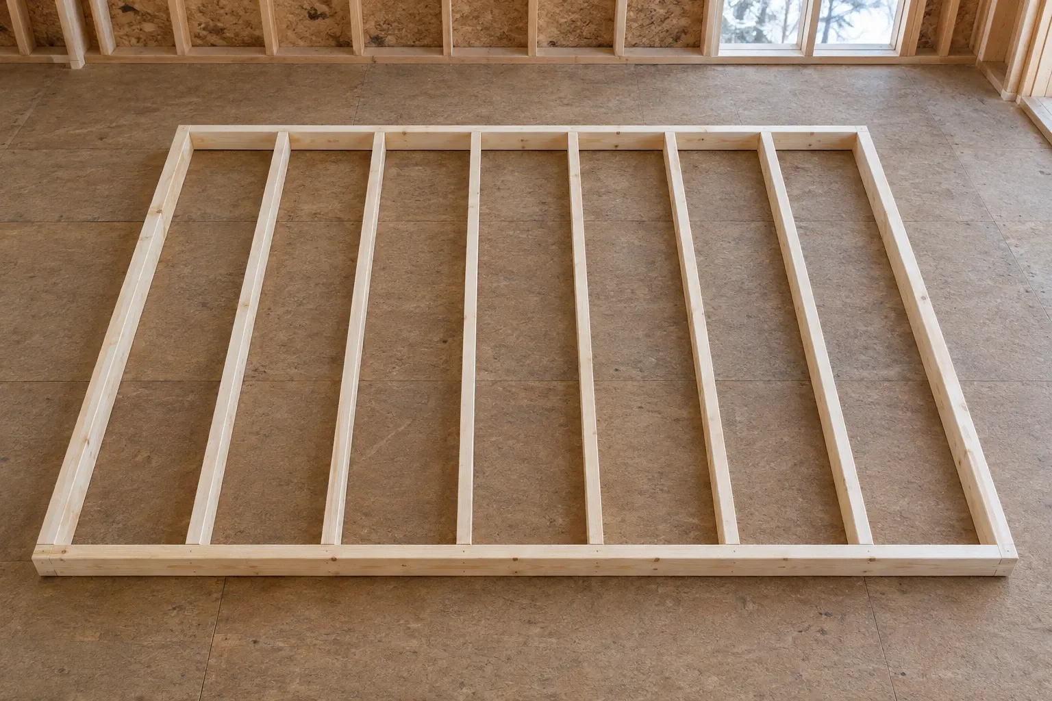 A rectangular wall frame lying flat on an engineered-wood subfloor
