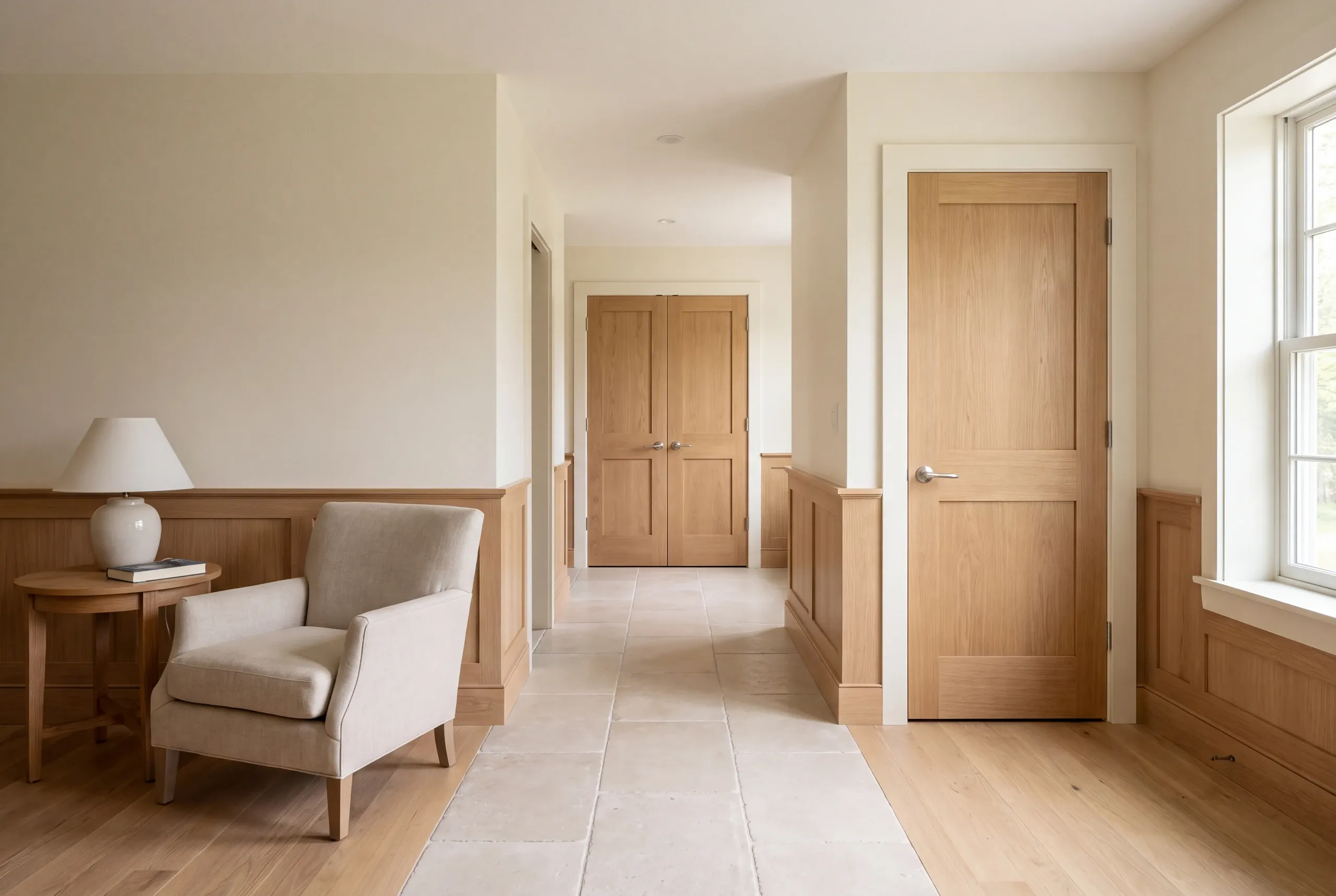 A finished hallway with light tile flooring, wood wainscoting, closed wooden doors, and an armchair with a side table and lamp.