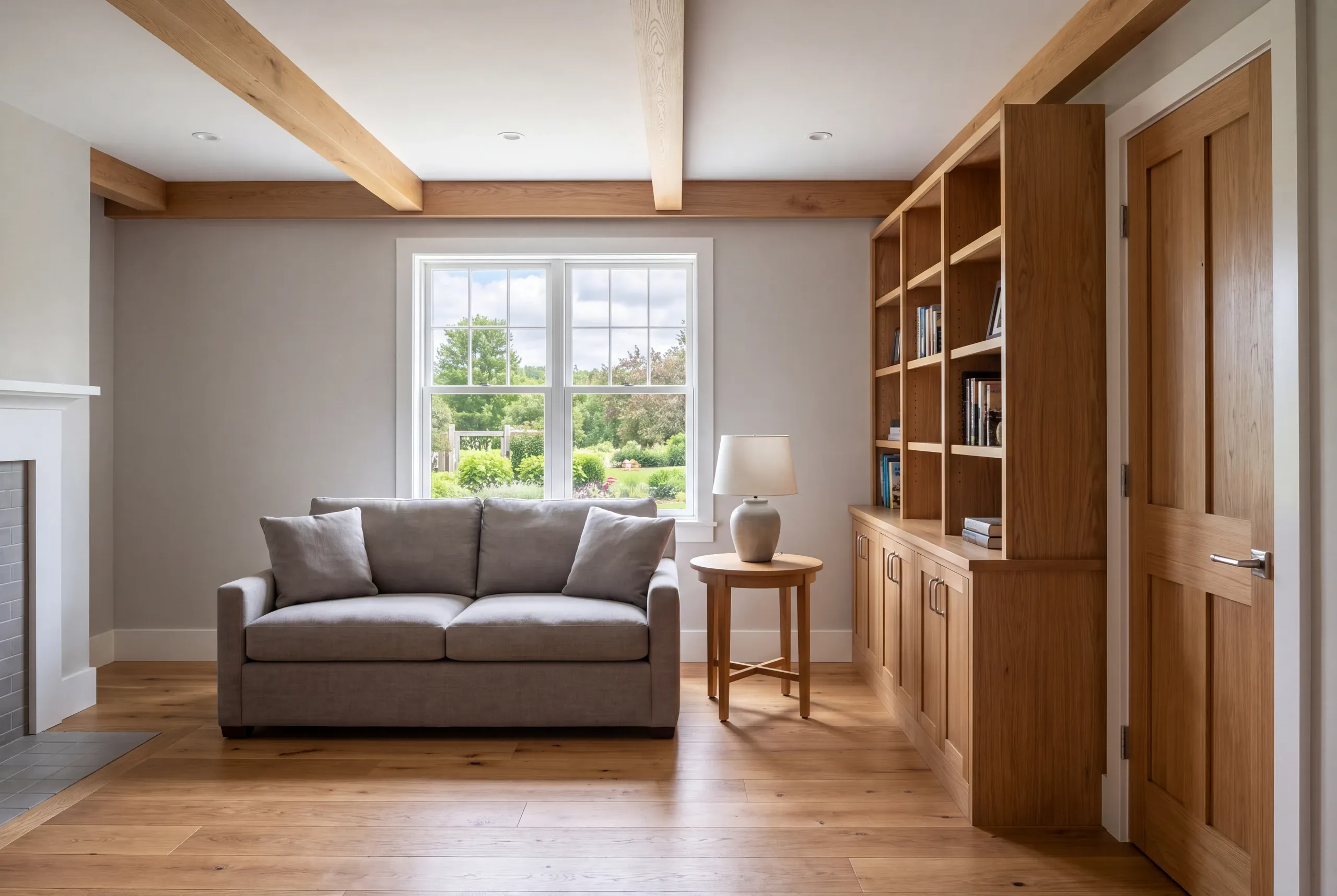 A finished room with wooden ceiling beams, a grey sofa in front of a window, a wooden bookcase, and a closed wooden door.