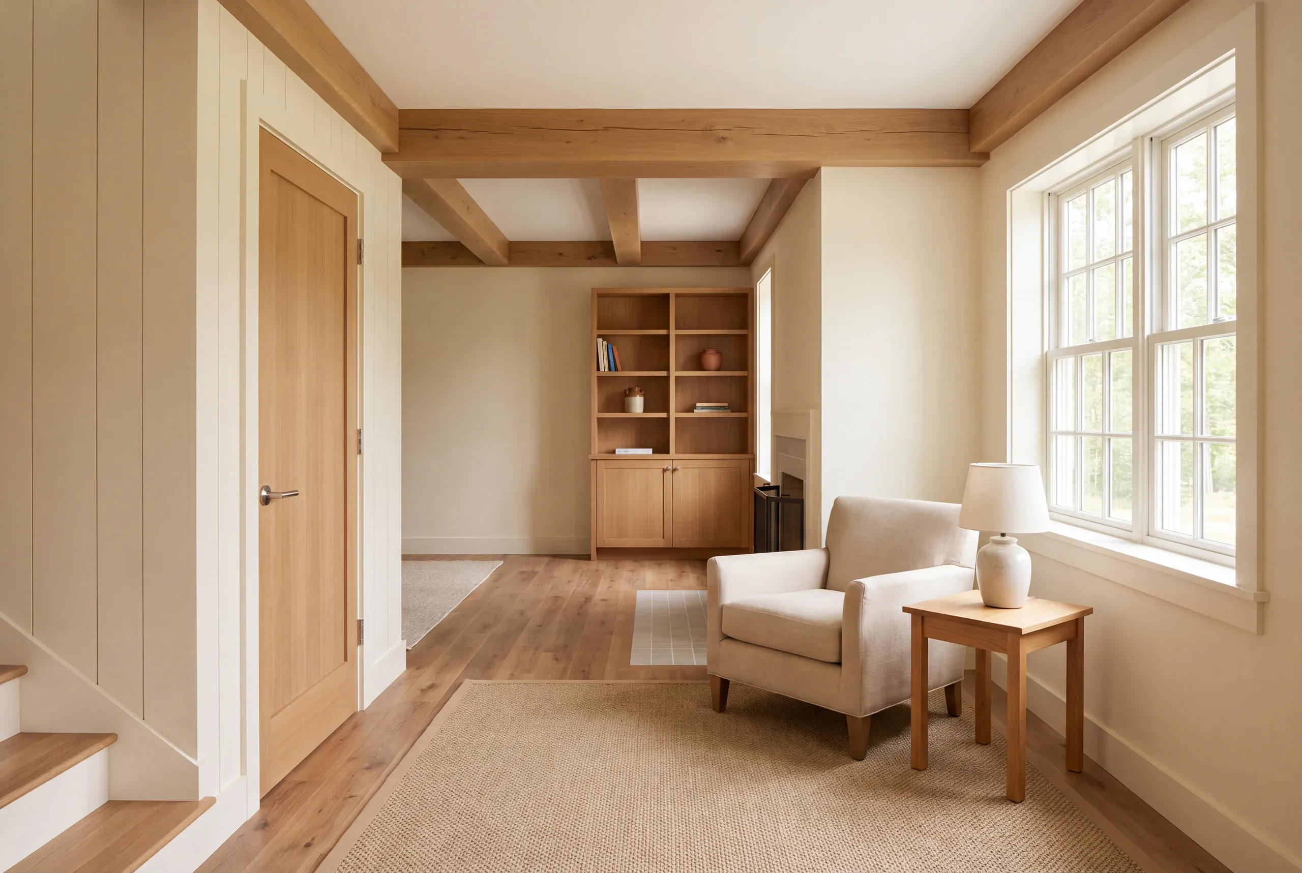 A finished room with wooden ceiling beams, hardwood floors, an armchair with a side table, a bookshelf, and a closed door.