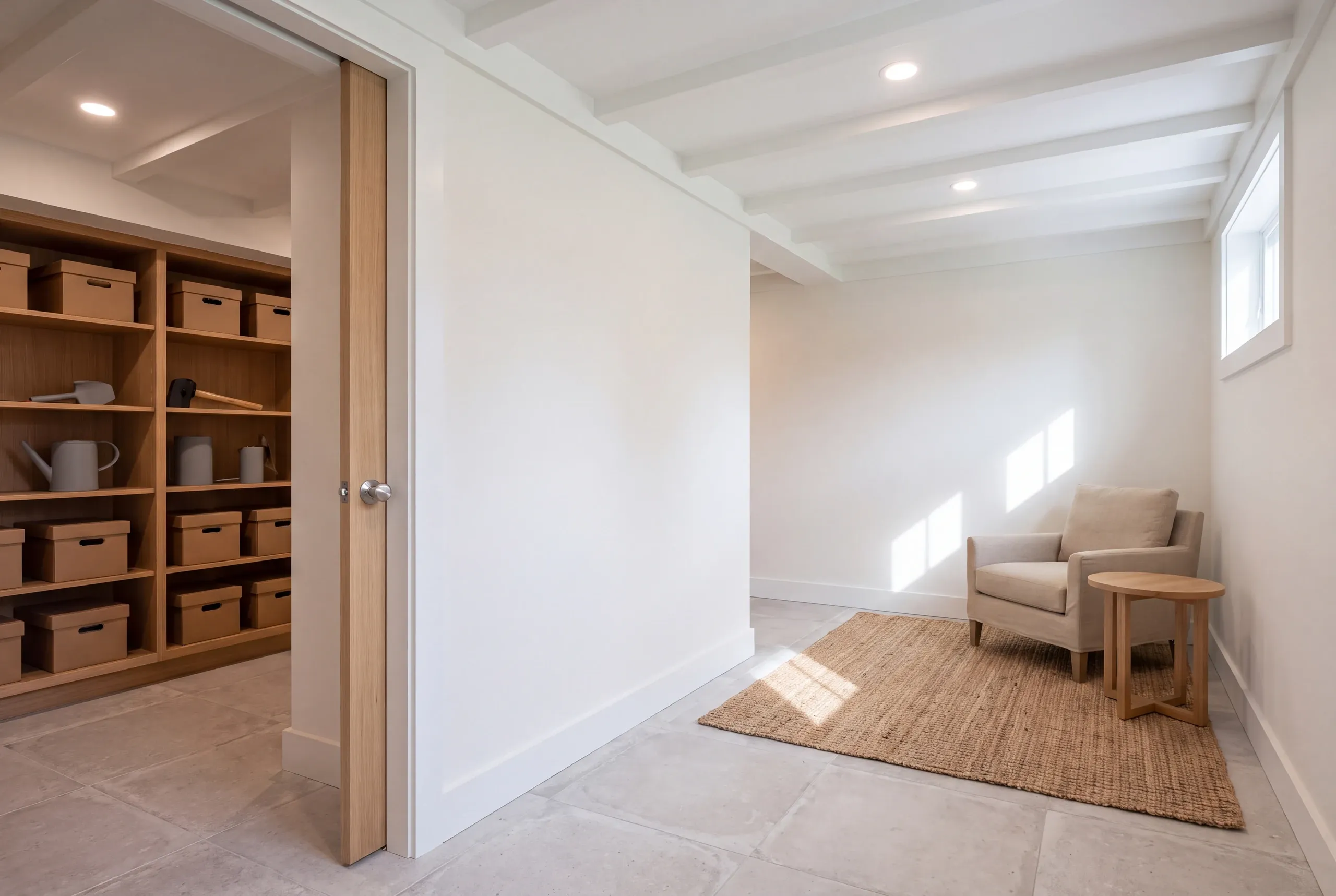 A finished basement interior featuring a storage area with wooden shelving on the left and a sitting area with an armchair and small table on the right.