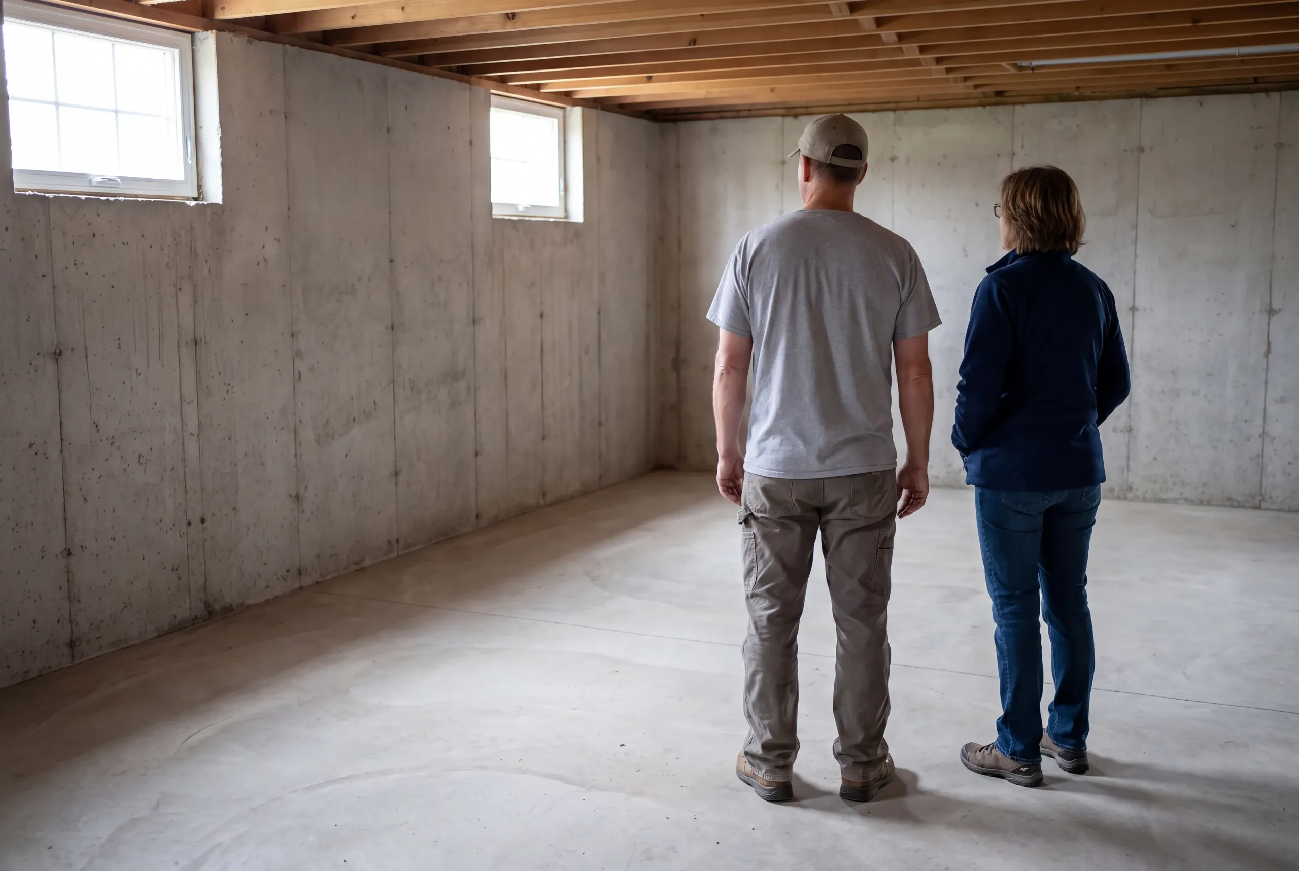 Two adults stand from behind in an unfinished concrete basement looking toward the corner.