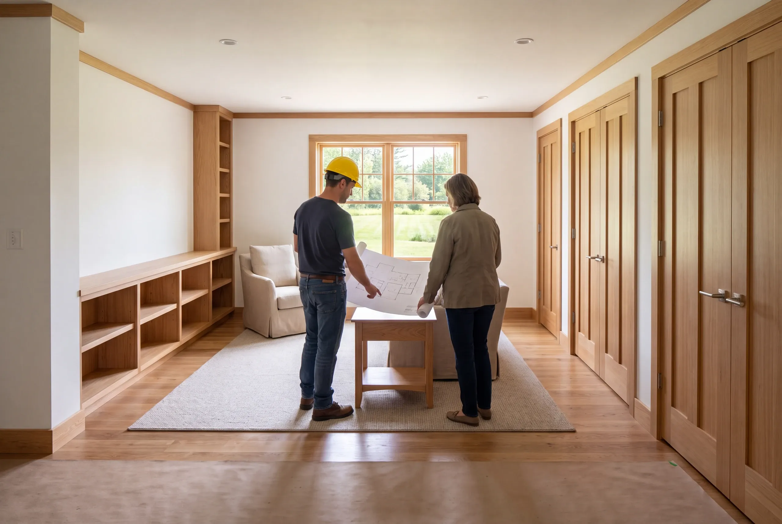 A person in a yellow hard hat and another person stand inside a finished room with wooden trim, reviewing a large architectural blueprint together.
