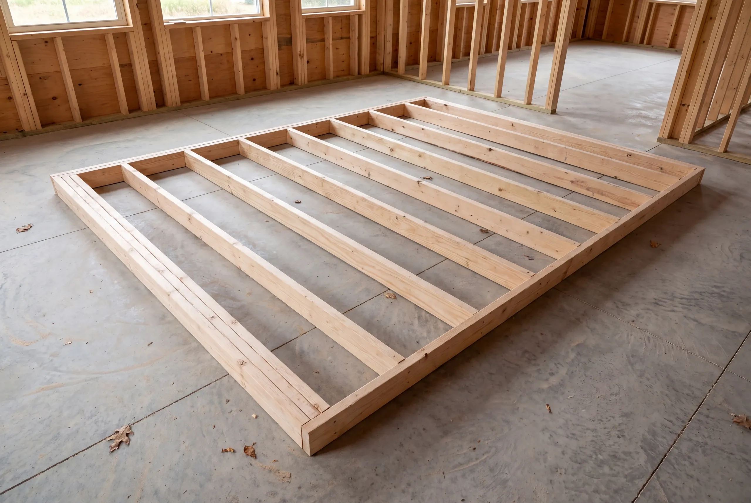 A rectangular wooden partition wall frame lies flat on a concrete slab floor inside a partially framed room.