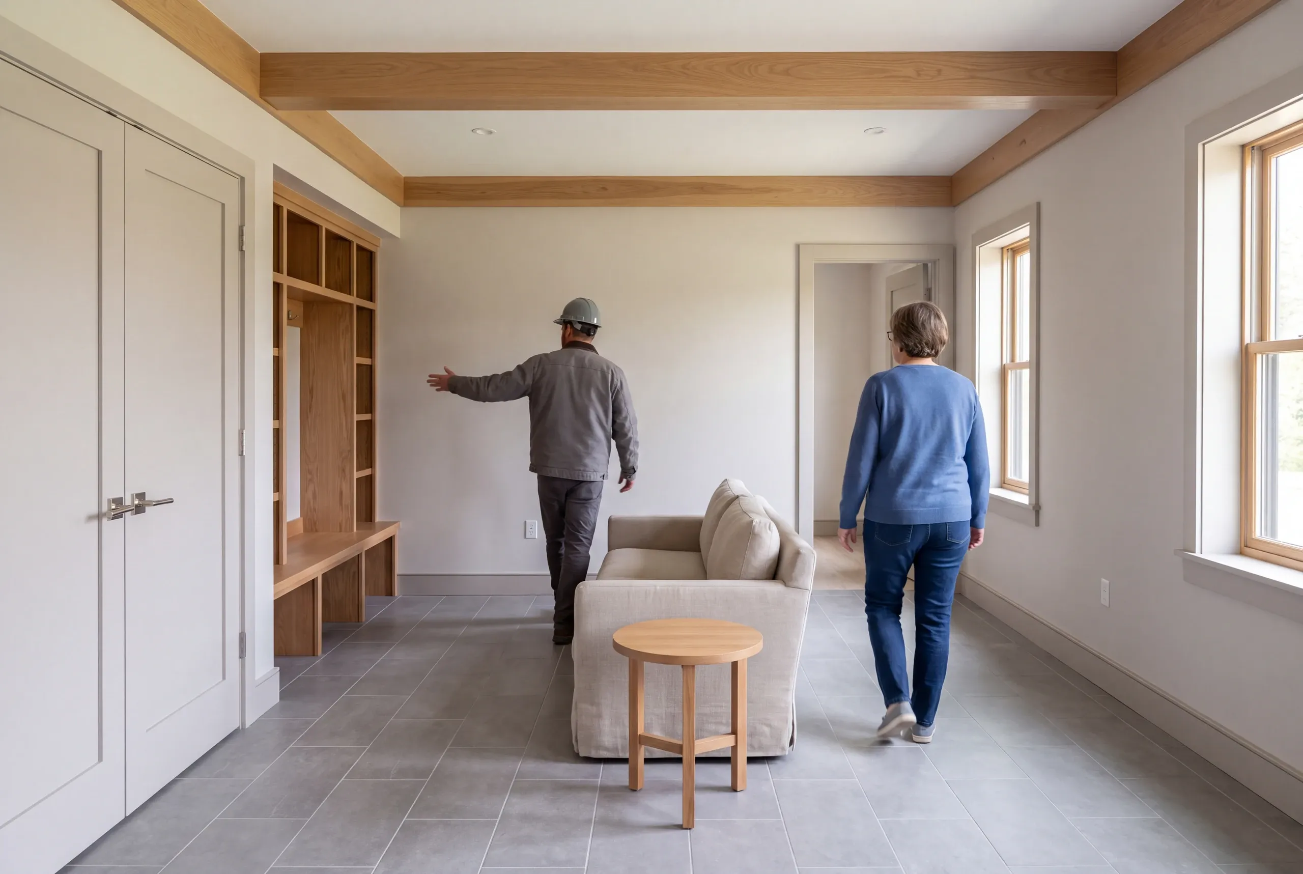 Two adults walking through a finished room with wooden ceiling beams, built-in shelving, a sofa, and a small round table.