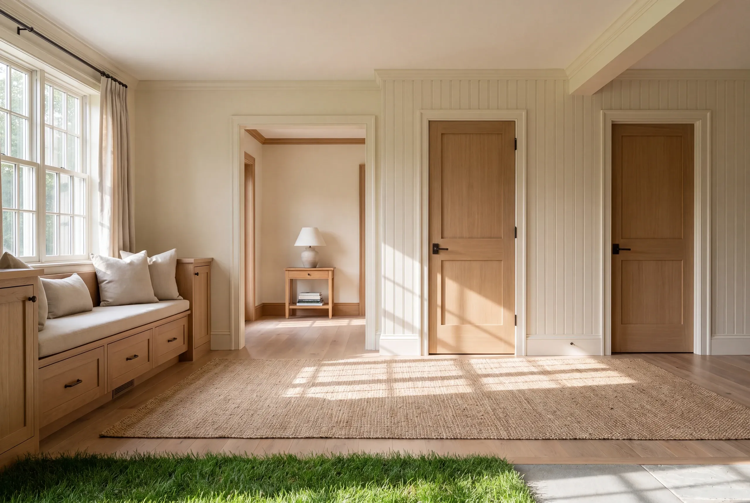 A finished indoor space features a built-in window seat, wooden doors, and a woven rug on a hardwood floor.