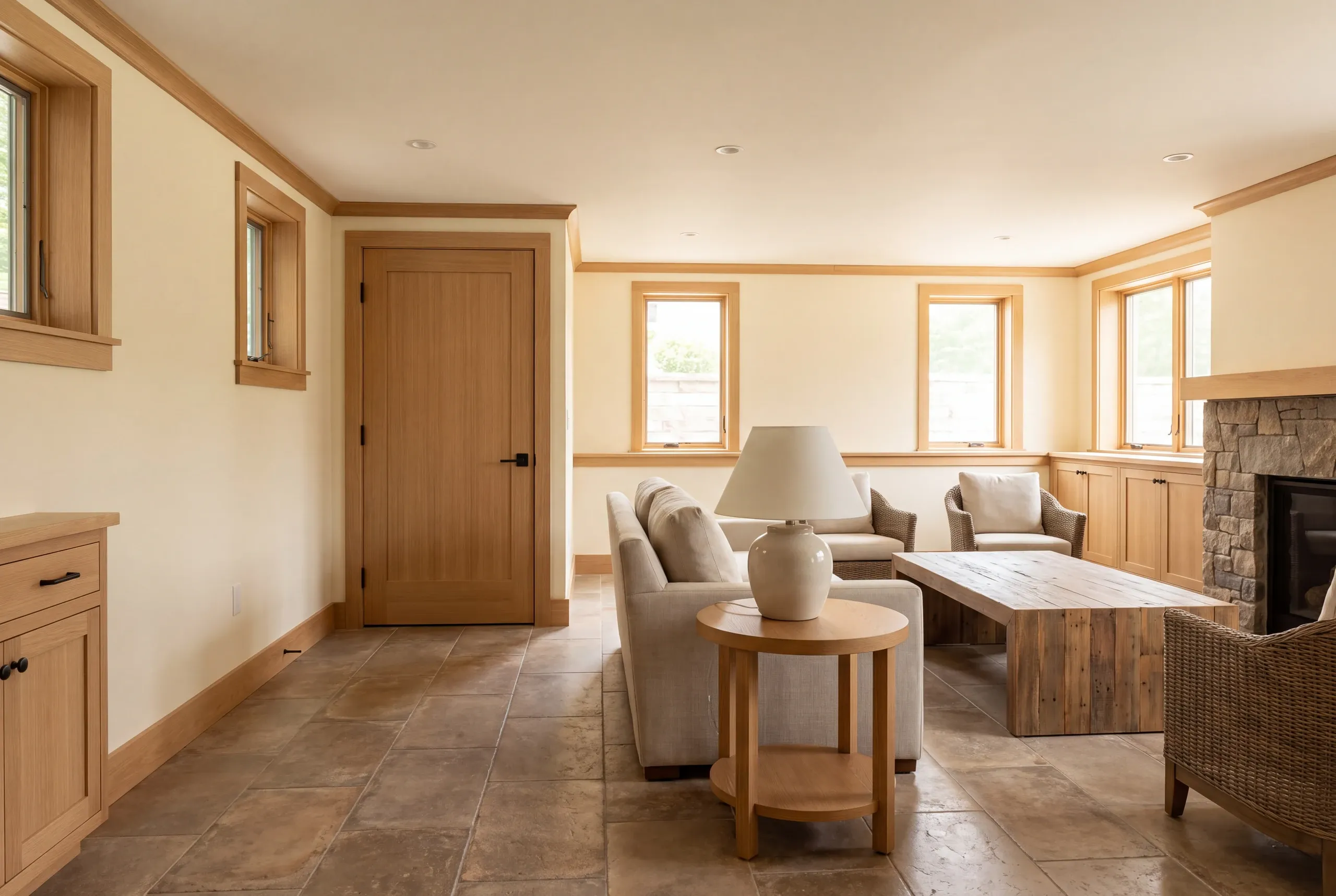A finished basement living room with tile flooring, a couch, a stone fireplace, and a closed wooden door.