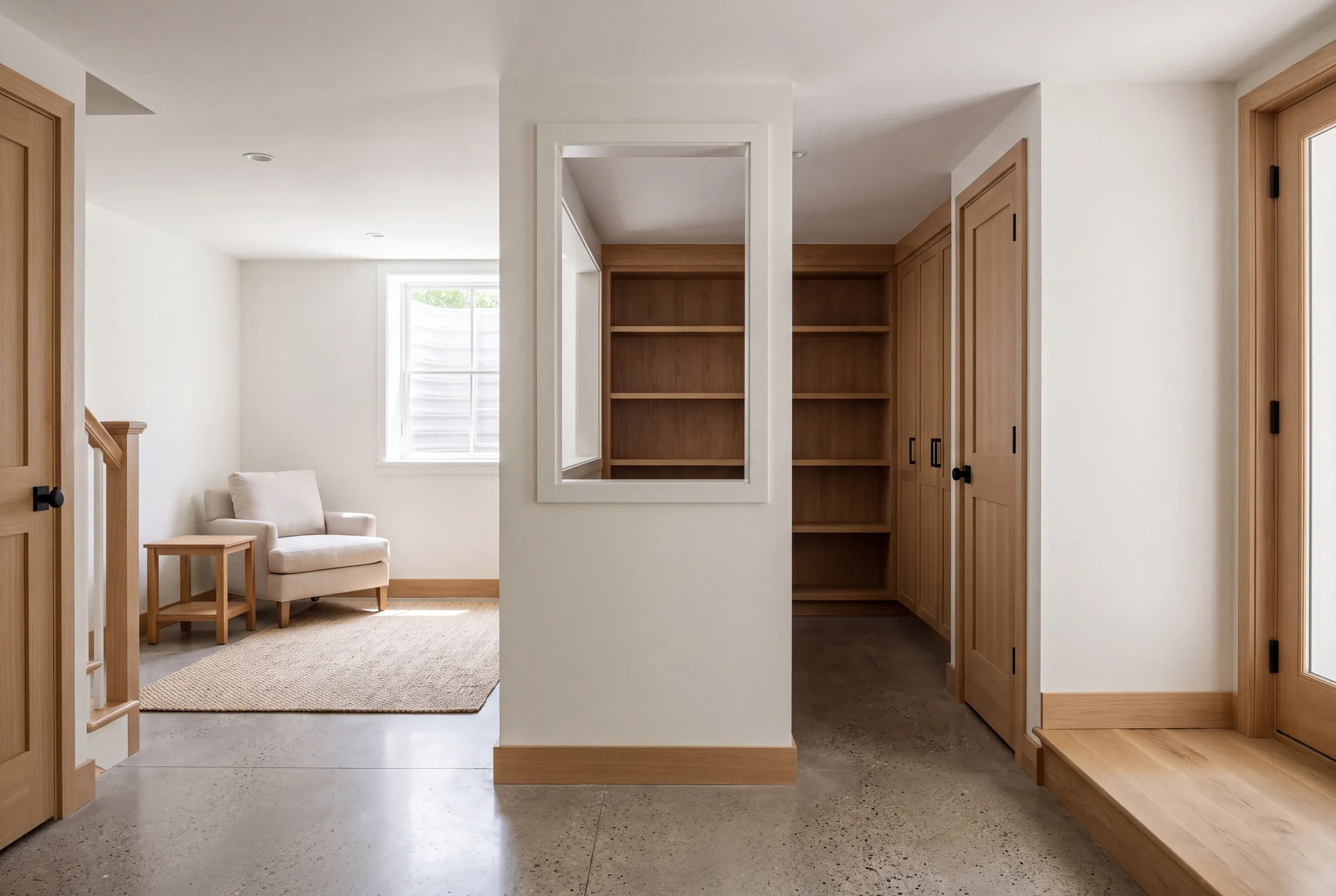 A finished basement interior featuring a central partition wall, built-in wooden shelving, a sitting area with an armchair, and a window.