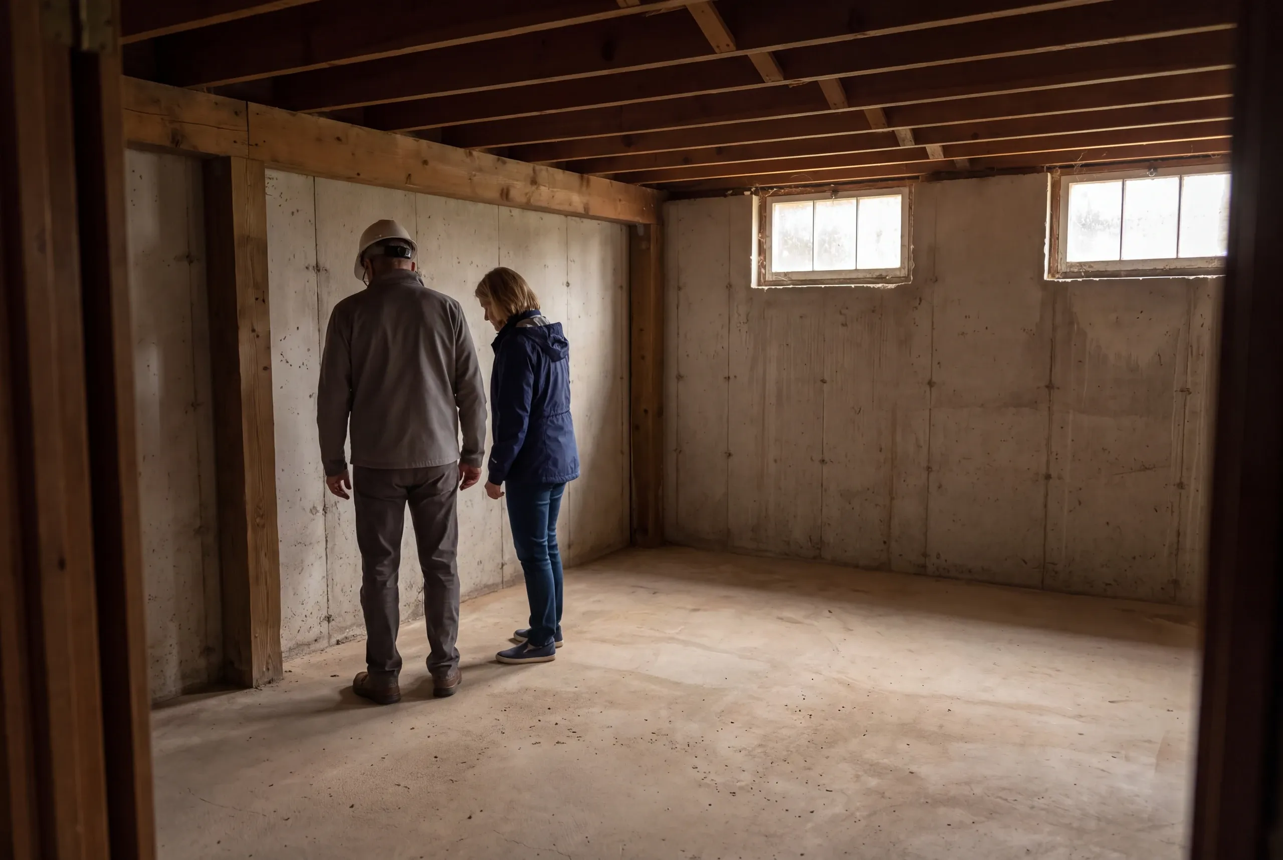 Two adults stand in an unfinished basement looking at a concrete wall.