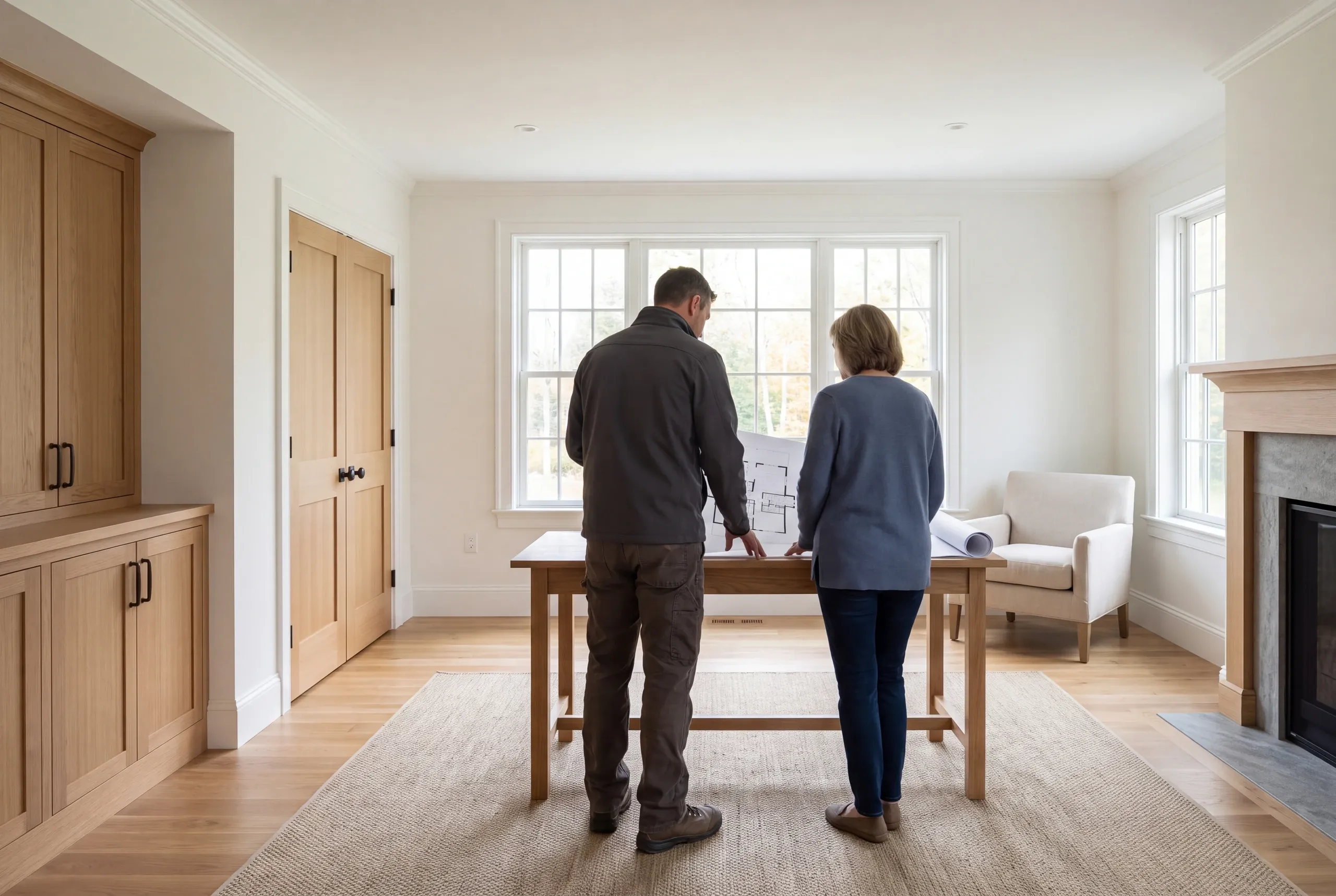 Two adults stand from behind reviewing a floor plan on a wooden table inside a finished room with hardwood floors and built-in cabinetry.