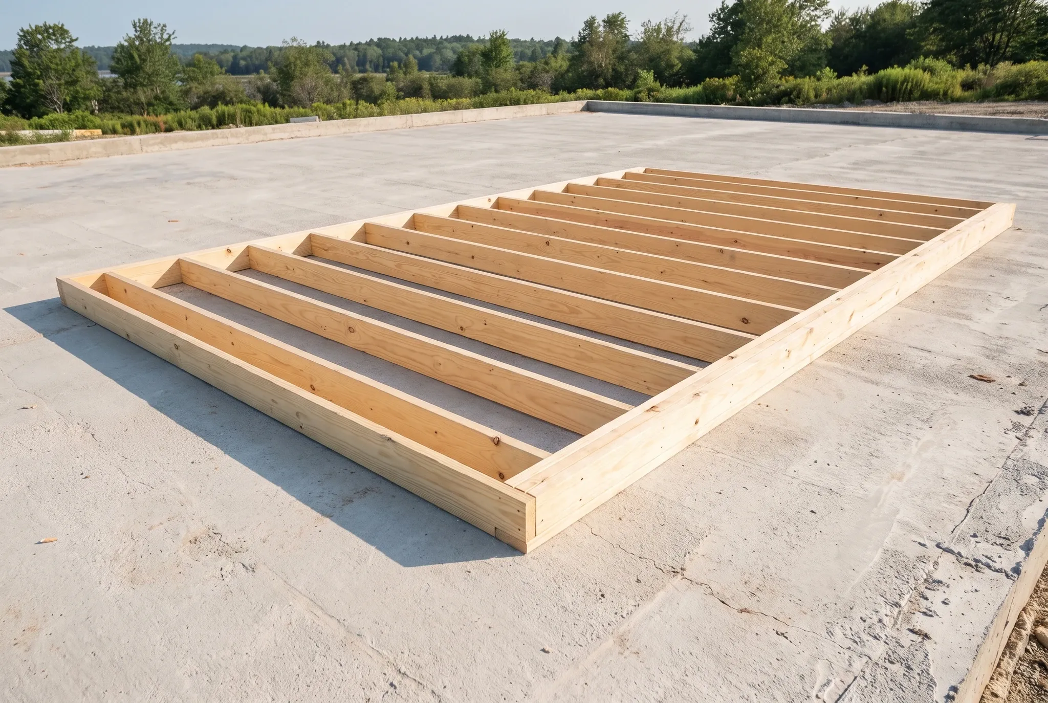A wooden partition wall frame lies flat on a concrete foundation slab with green trees in the background.