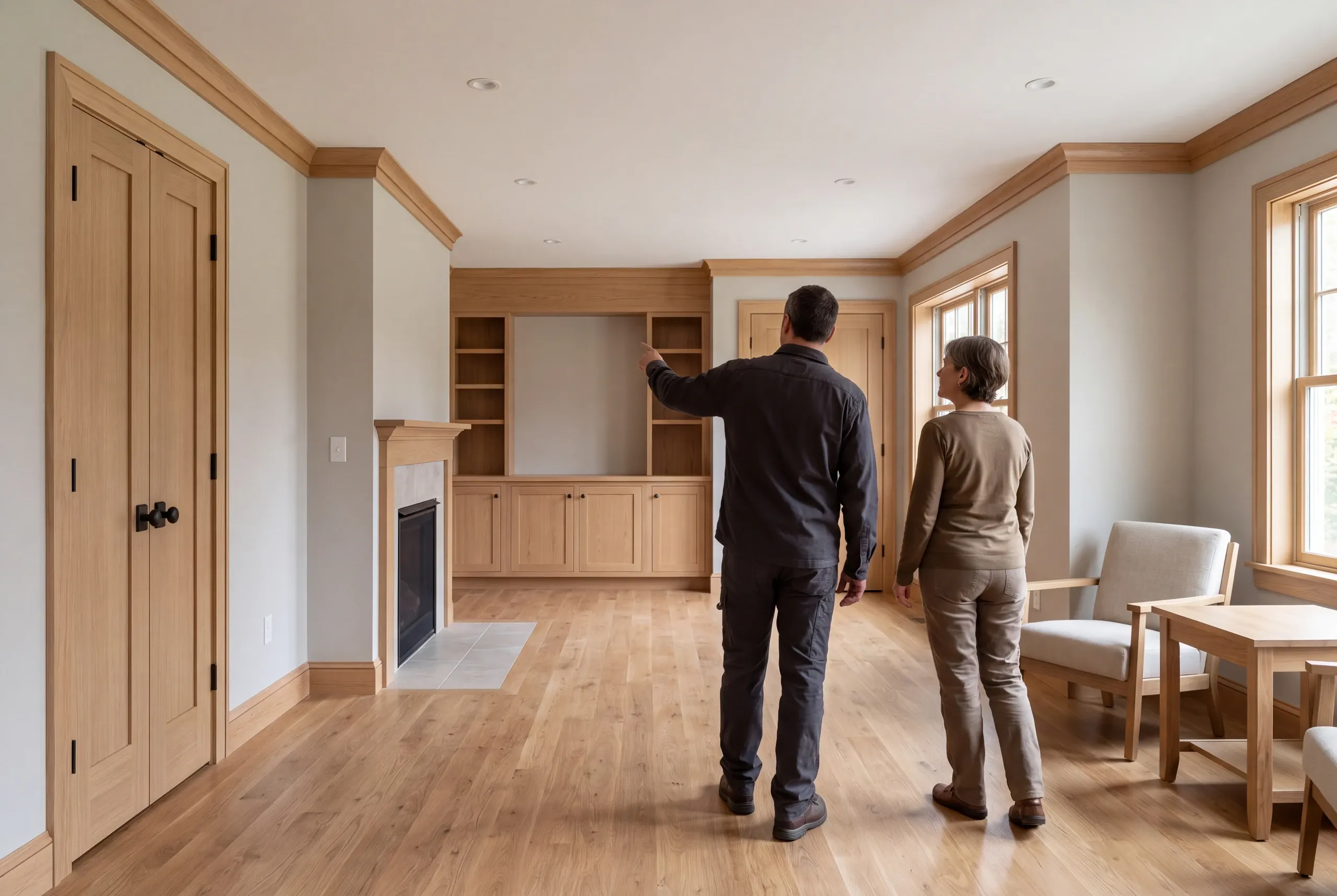 Two adults stand in a finished room with wooden trim viewing built-in cabinetry and a fireplace.