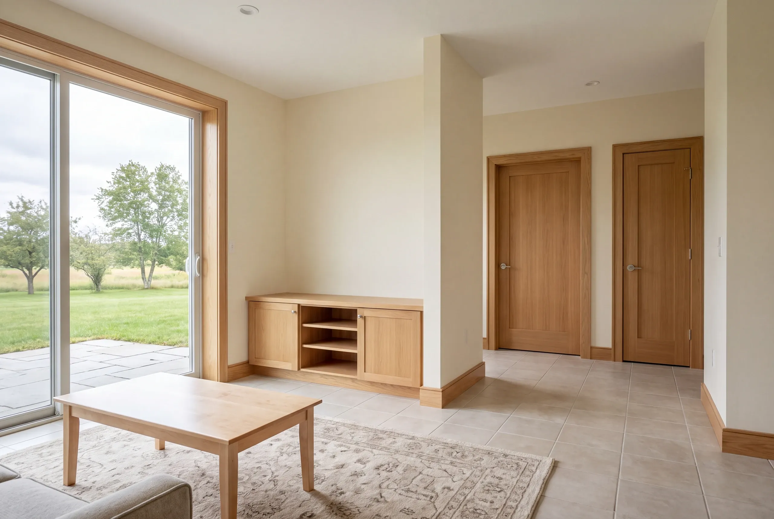 A finished room with light tile flooring, wood trim, a built-in media console, two closed wooden doors down the hall, and a sliding glass door showing an outdoor grassy view.