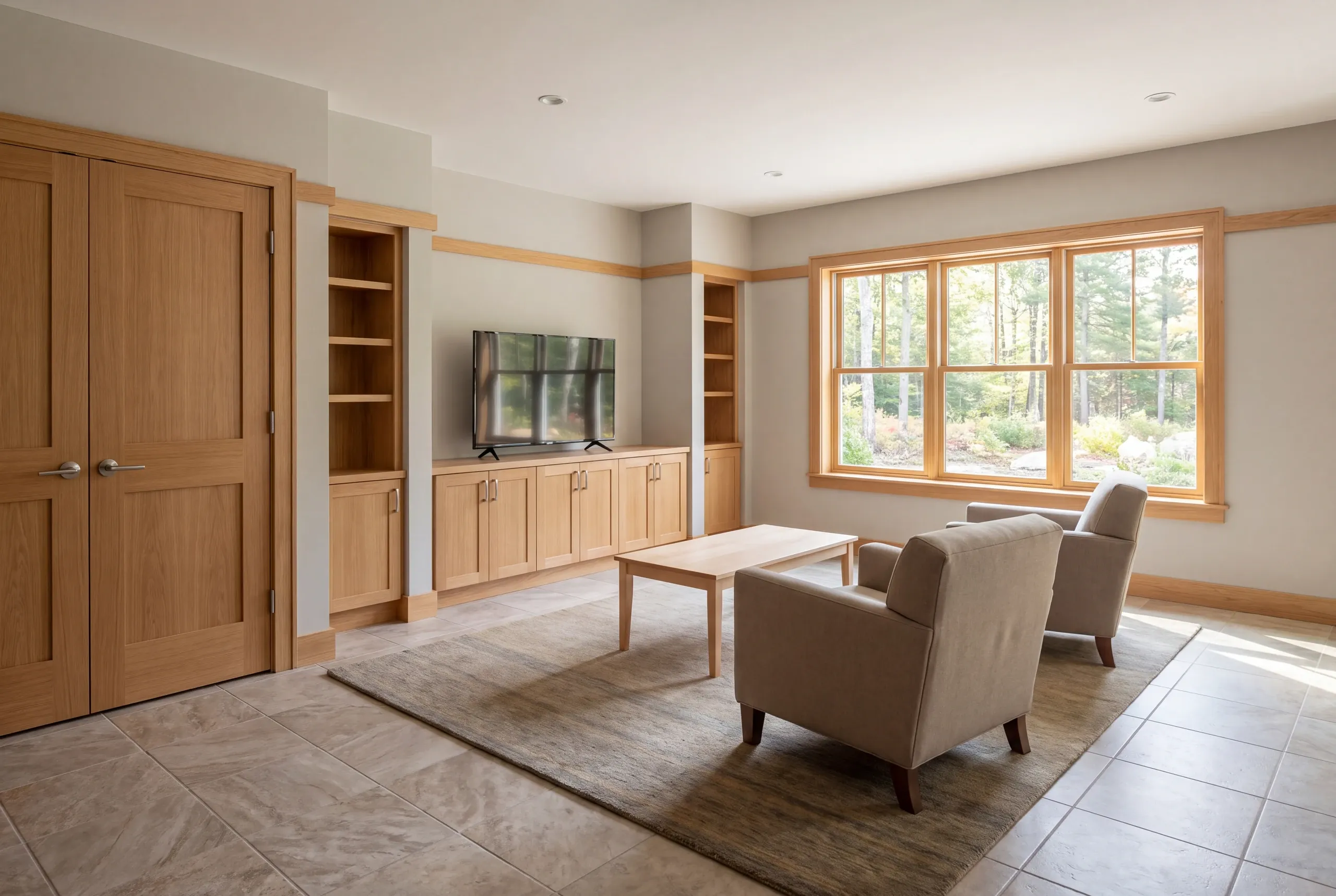 A finished room with tile flooring, a large window, built-in wooden cabinetry, a television, a coffee table, and two armchairs on a rug.