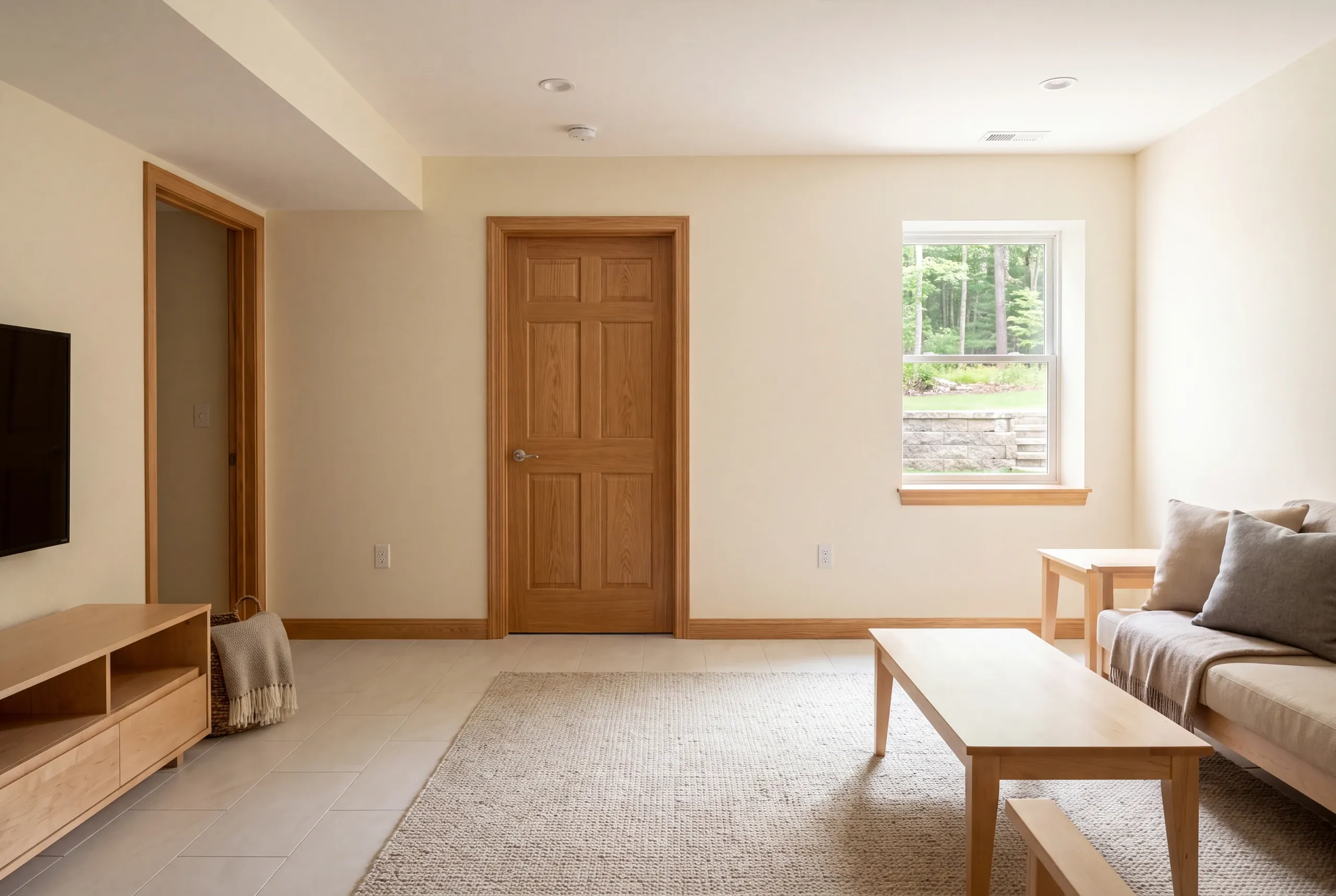 A finished basement living room featuring a light-colored sofa, coffee table, TV console, a wooden door, and a window showing outdoor greenery.