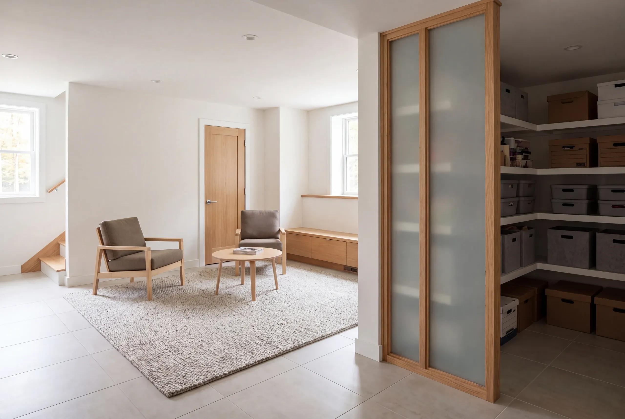 A finished basement featuring a sitting area with two armchairs and a small table, separated from a storage space with shelving by a frosted glass partition.