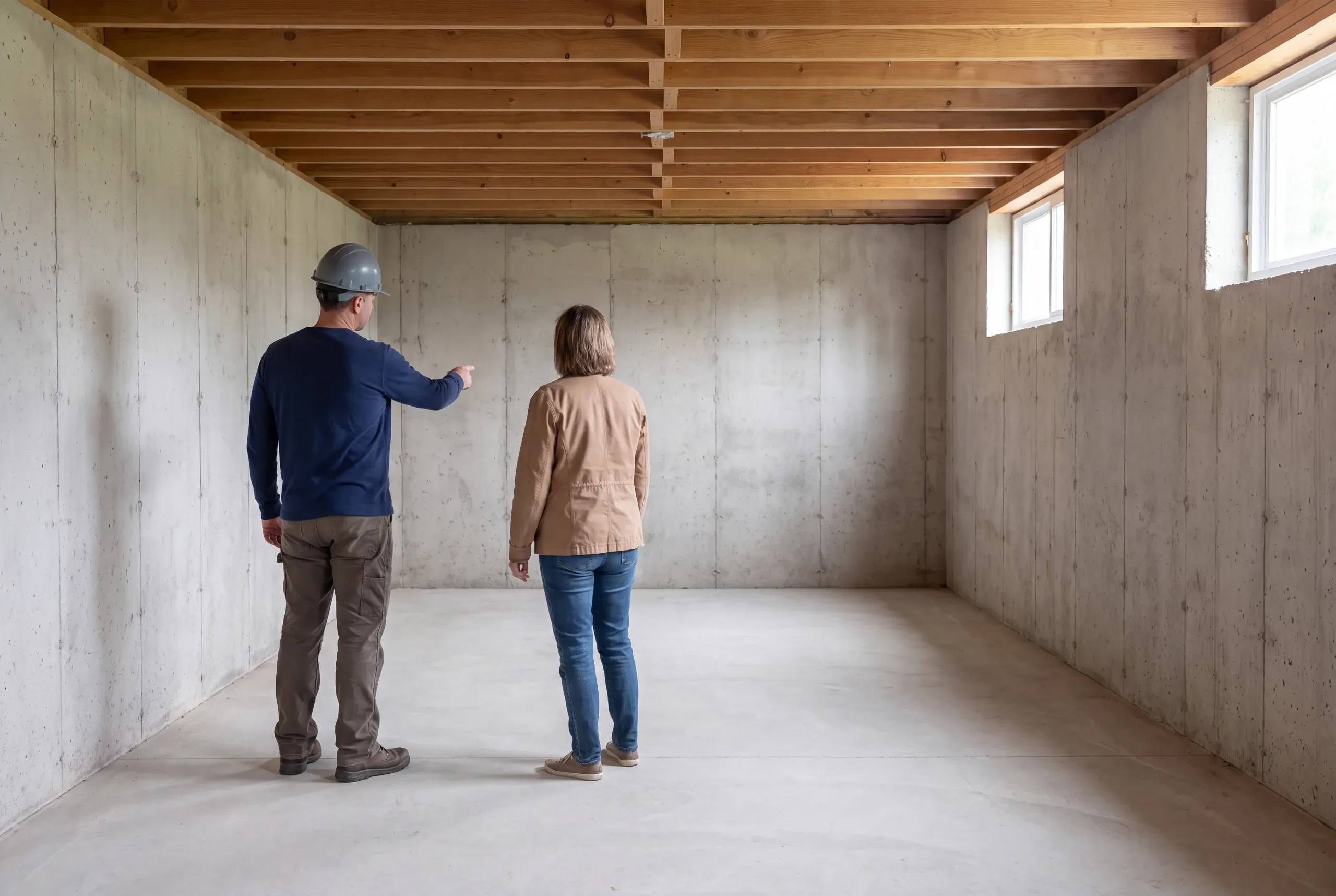 Two people viewed from behind stand inside an unfinished concrete basement with exposed wooden floor joists above.