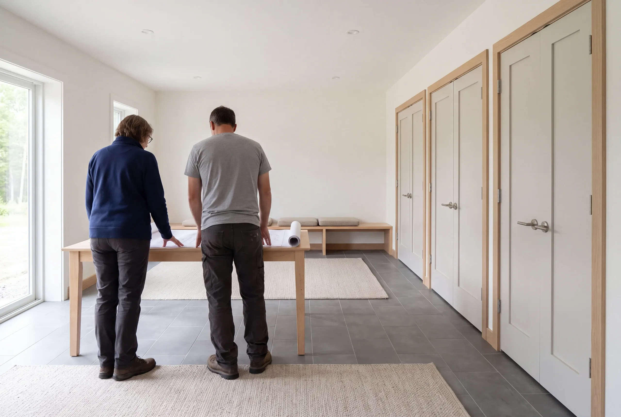 Two adults stand from behind reviewing a floor plan on a wooden table inside a finished room with gray tile flooring, light walls, and several closed doors along the right wall.