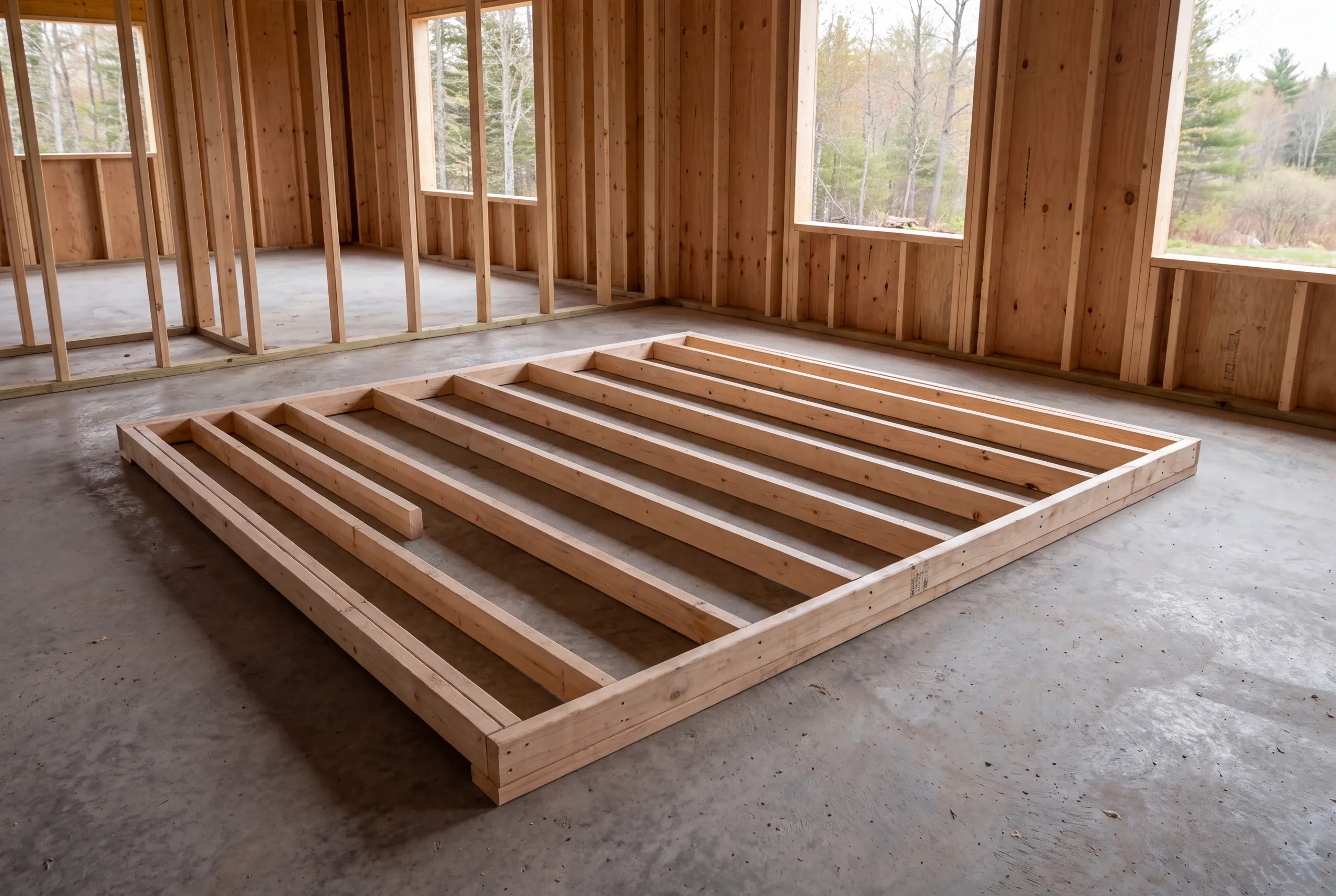 A wooden wall frame lies flat on a concrete slab inside a building under construction with exposed stud walls.