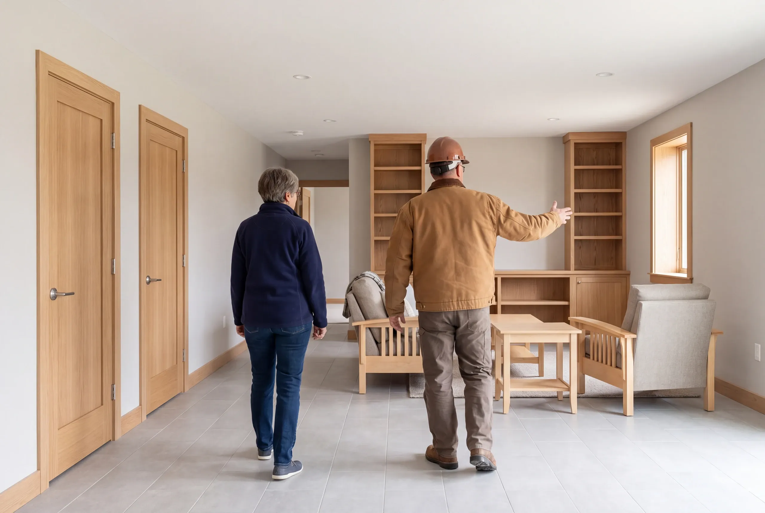 Two adults seen from behind walking through a finished living area with wooden built-in shelving and doors.