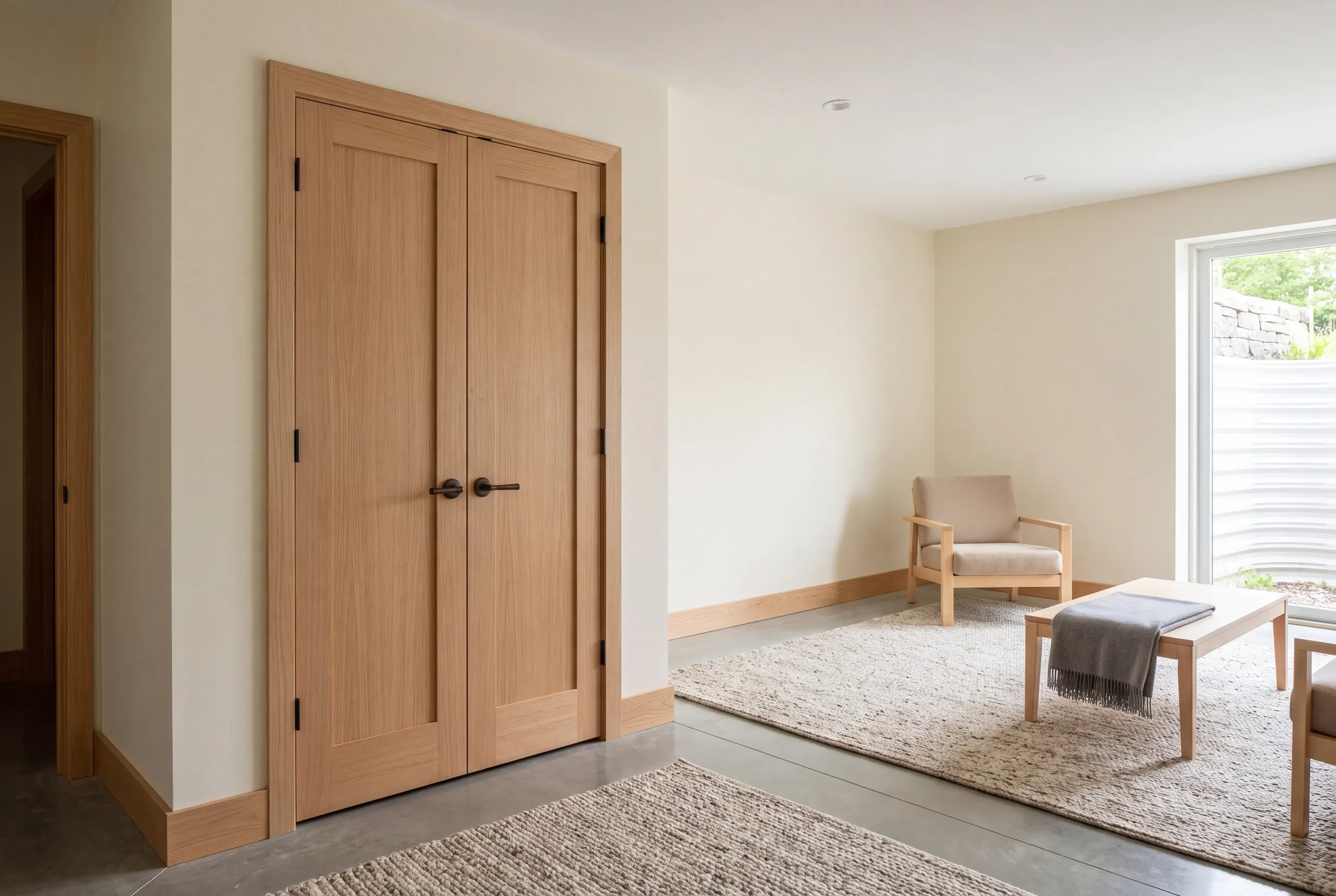 A finished lower-level room with light wood double doors, wooden trim, a window showing a light well, a neutral armchair, and rugs on a concrete floor.