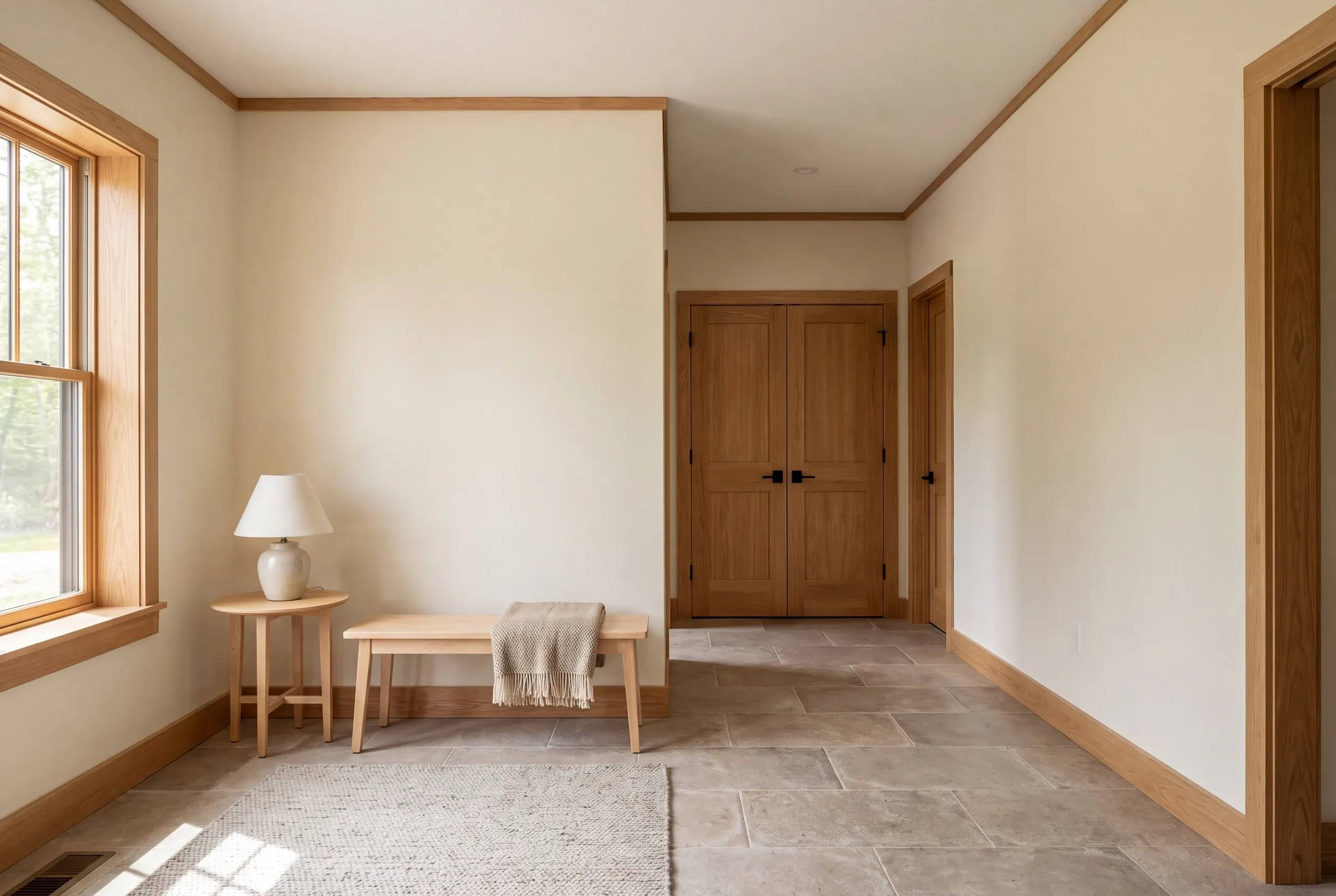 A finished hallway with tiled flooring, wooden trim, a bench with a throw blanket, and closed wooden double doors in the background.