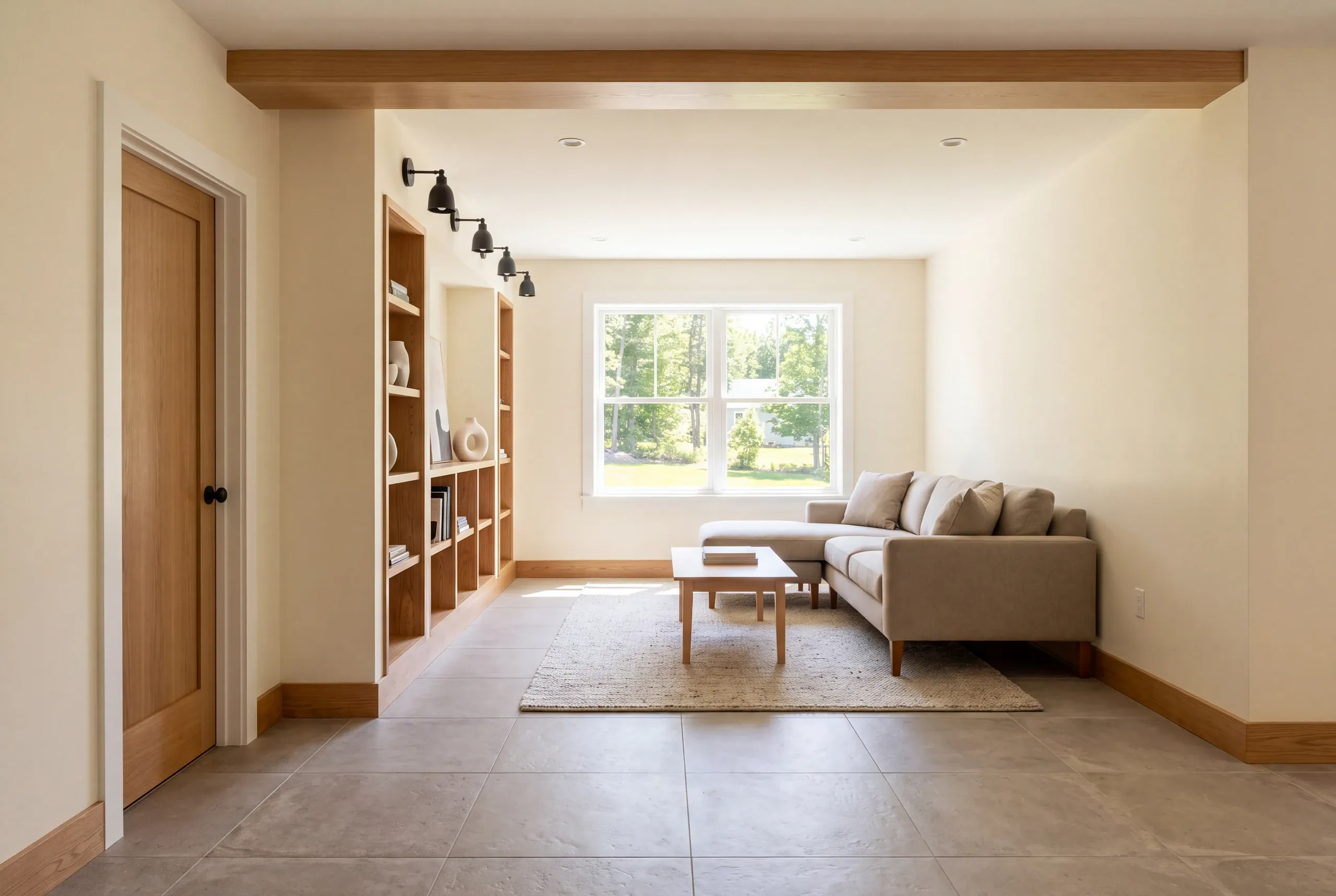 A finished basement room features tiled flooring, a sectional sofa, a built-in shelving unit with decor, and a closed wooden door.
