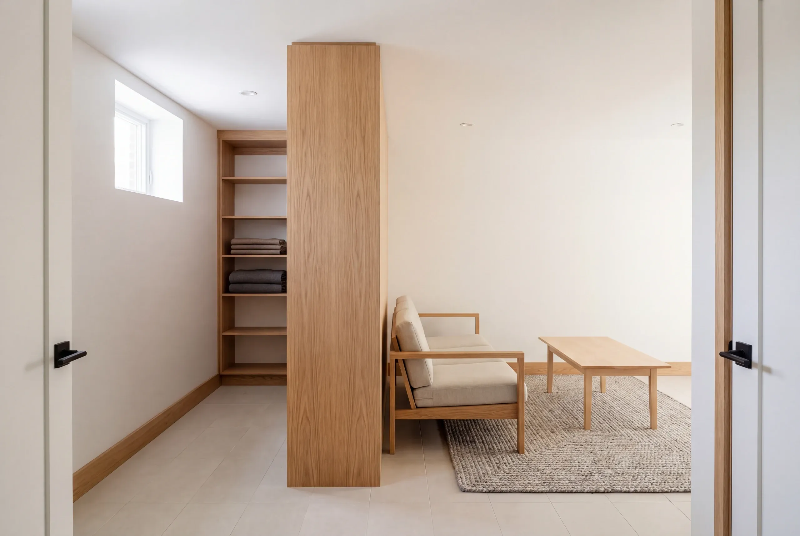 A finished room interior featuring a light wood partition dividing a storage area with built-in shelves on the left and a sitting area with a sofa, coffee table, and rug on the right.