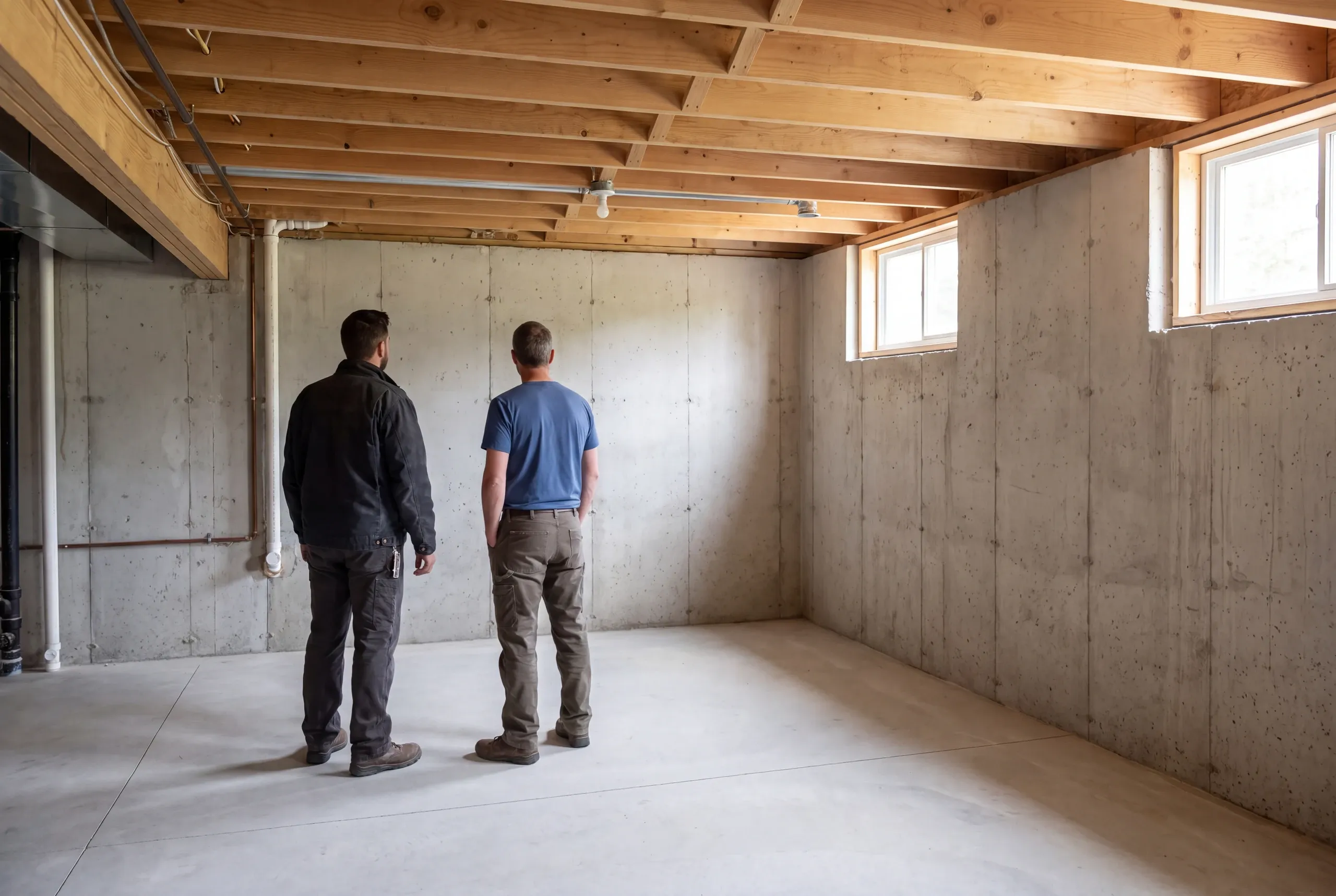 Two men stand in an unfinished concrete basement looking toward a concrete wall.