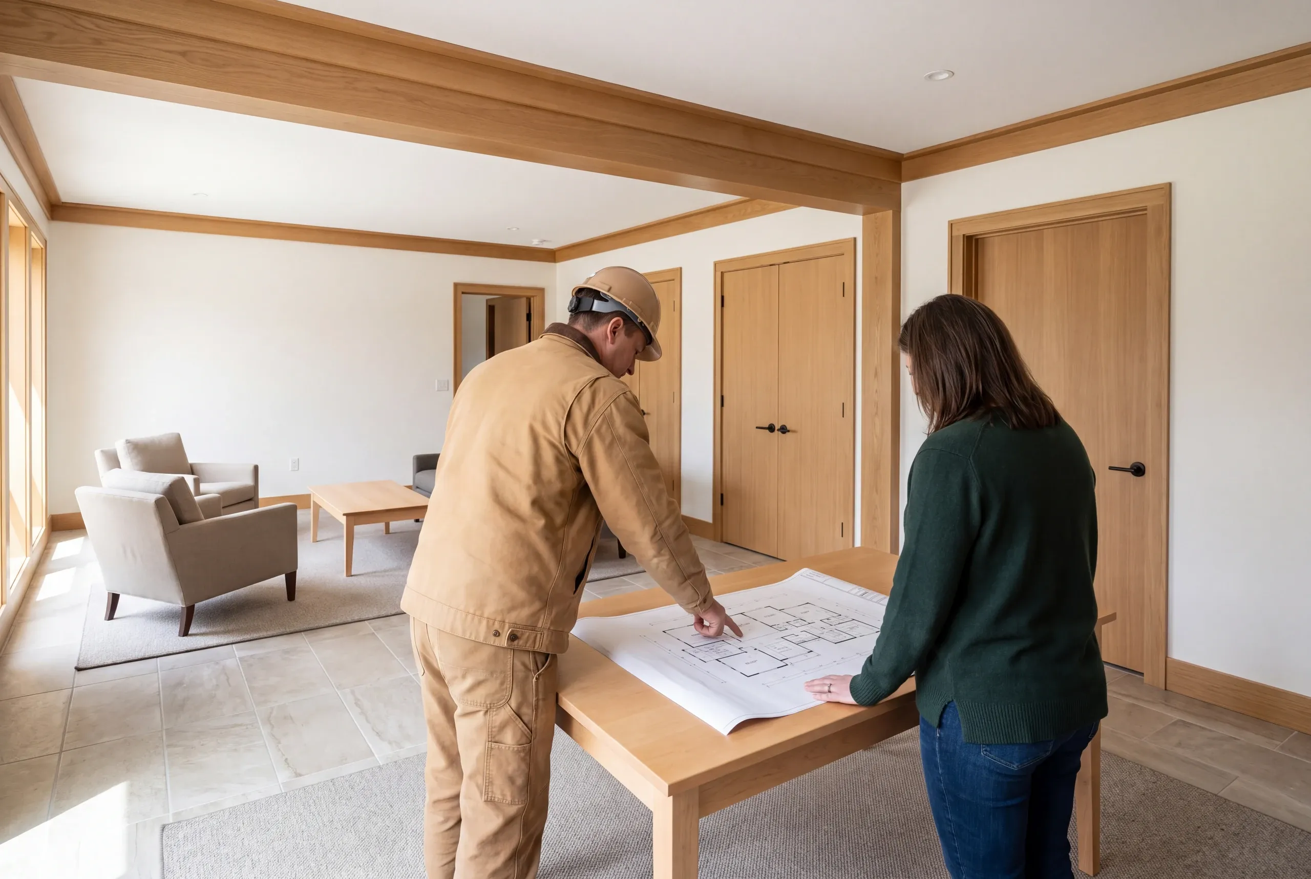 Two adults stand seen from behind reviewing a floor plan on a wooden table in a finished room with wooden trim and closed doors.