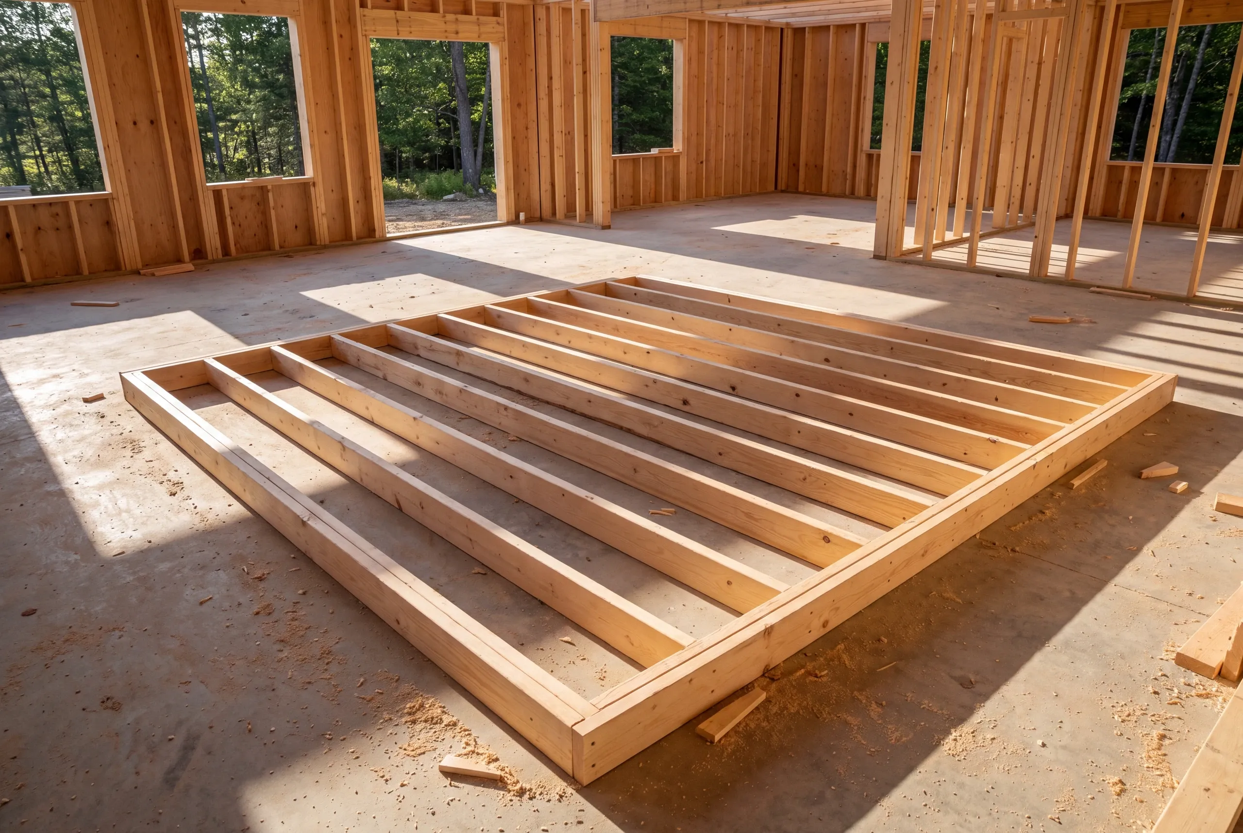 A wooden partition wall frame lies flat on a concrete slab inside a house under construction with surrounding framed walls and windows.