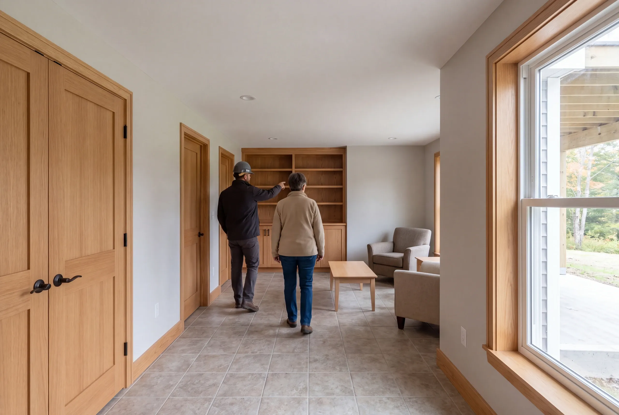 Two adults stand in a finished room with tiled flooring and wooden doors, viewing built-in shelving.