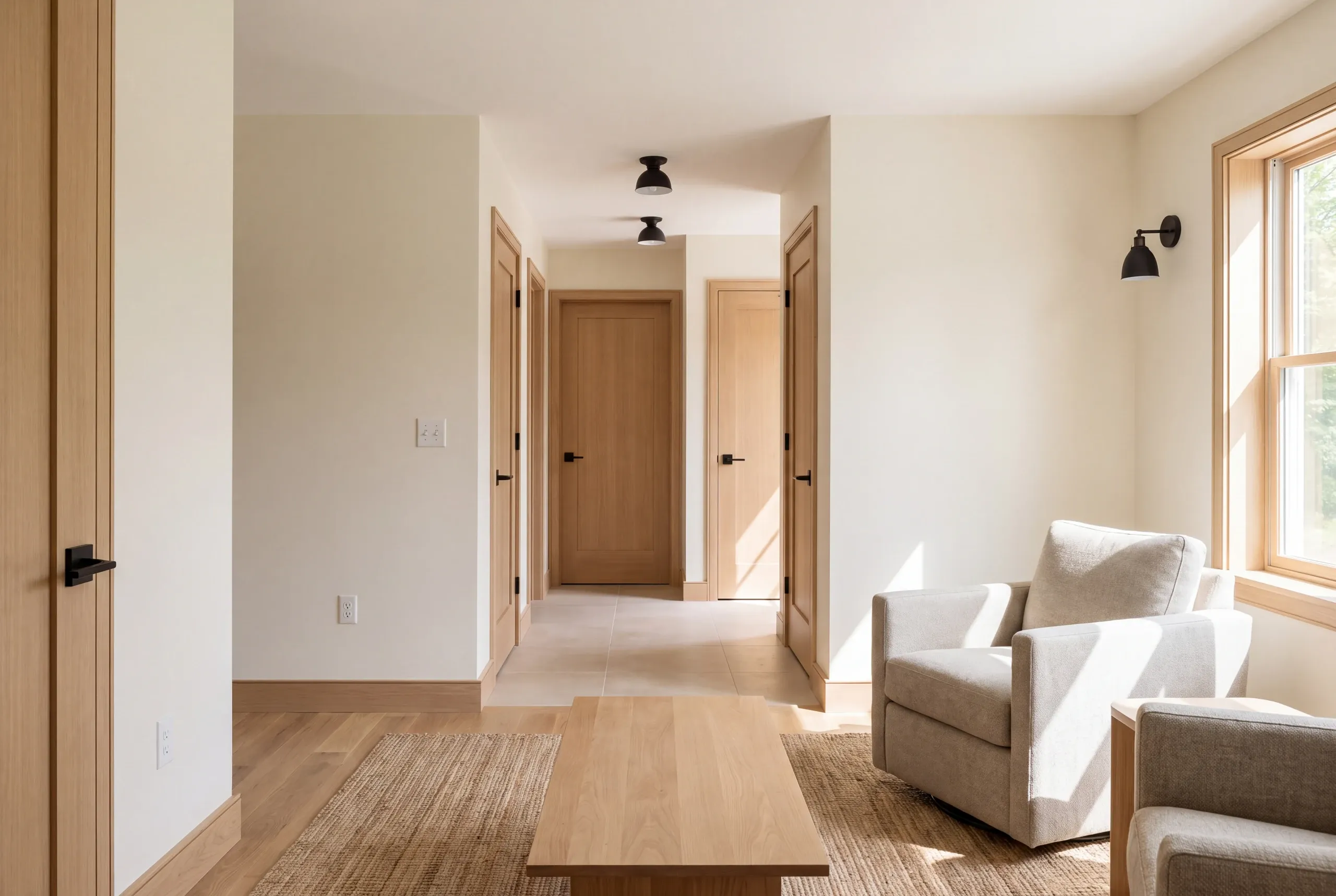 A finished room with light-colored walls, wood trim doors, a window, armchairs, and a wooden coffee table.