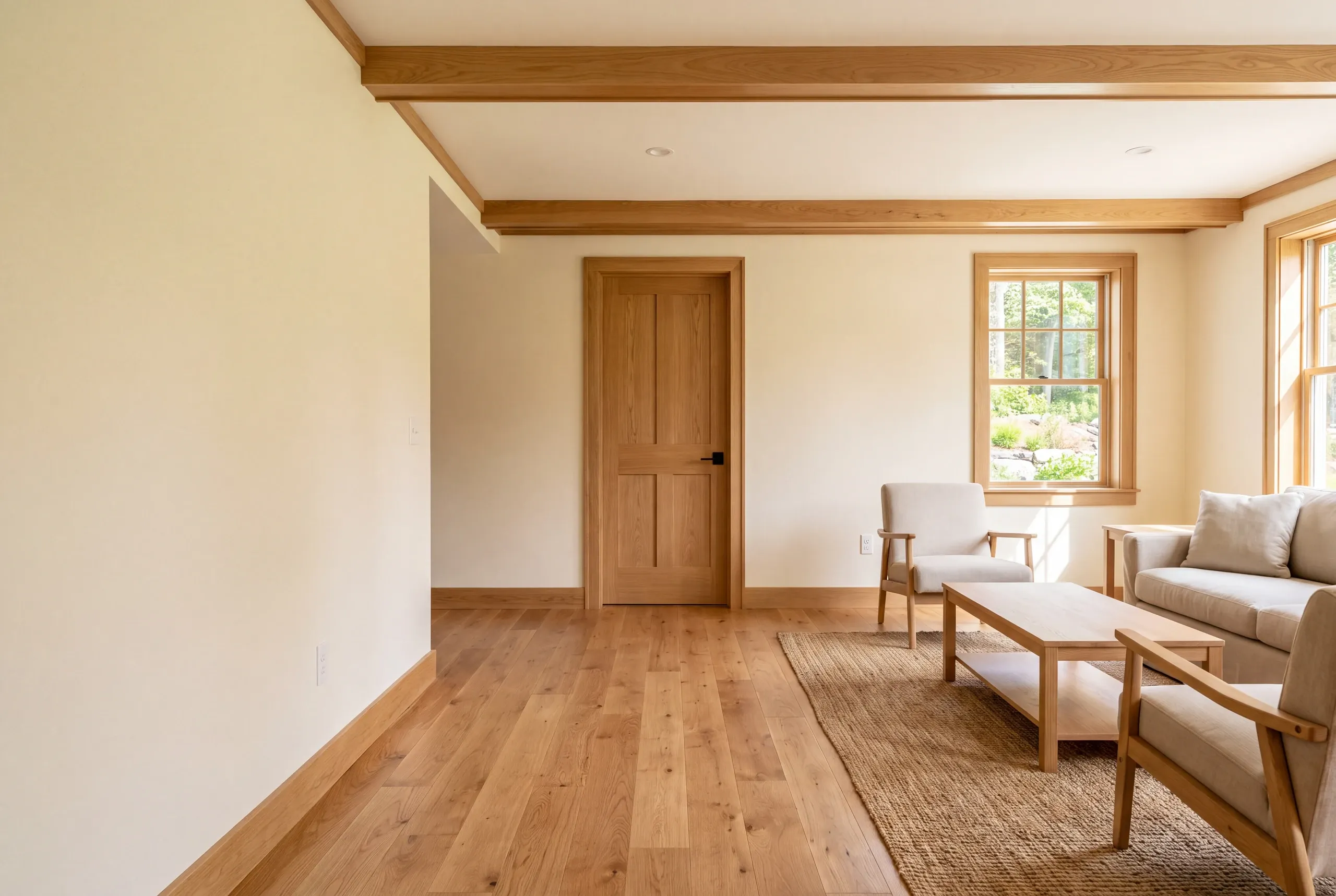 A finished room features wood flooring, exposed ceiling beams, a closed wooden door, a sofa, armchairs, and a coffee table on a rug.