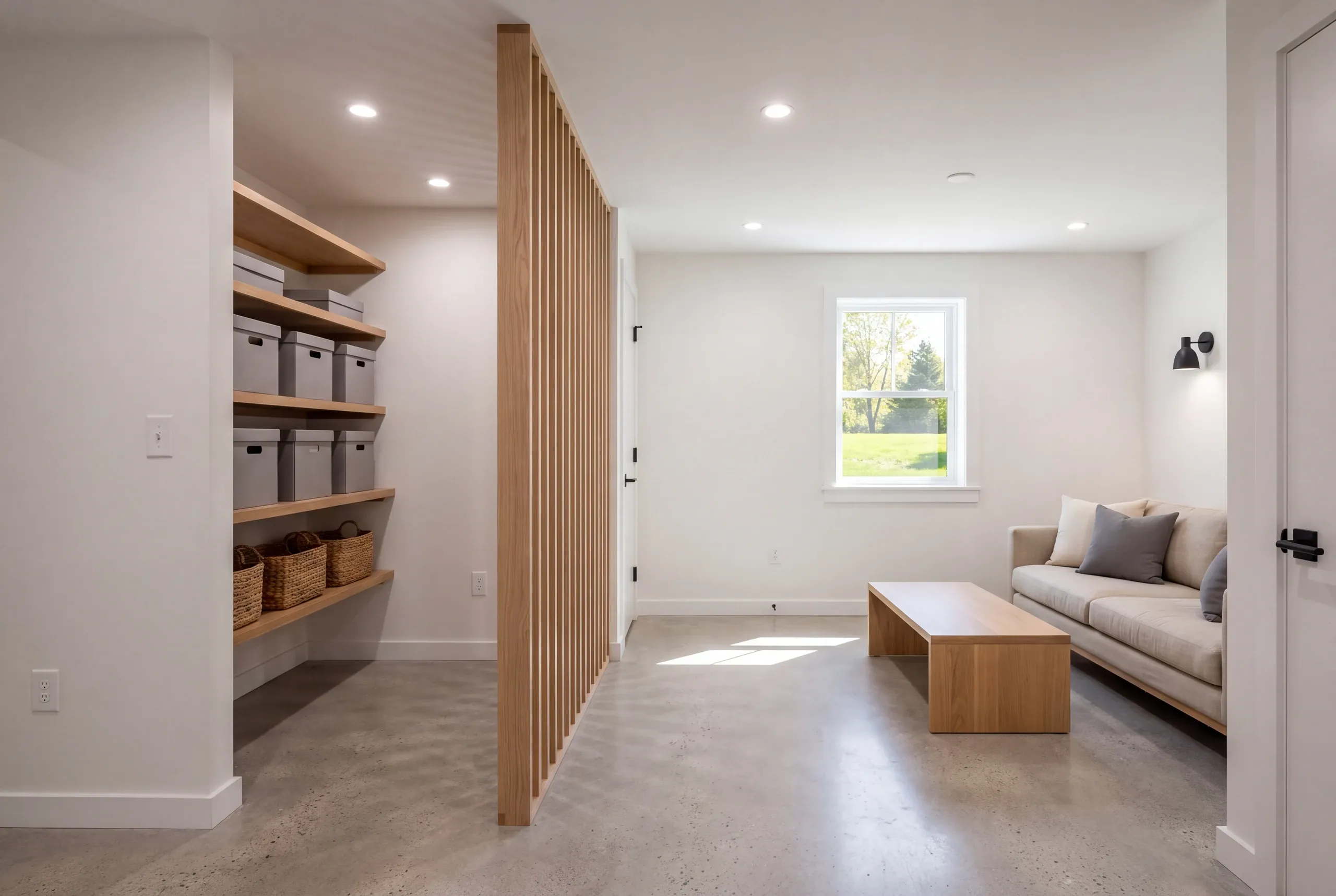 A finished basement featuring a wooden slat partition separating a storage area with shelving and a sitting area with a sofa and coffee table.