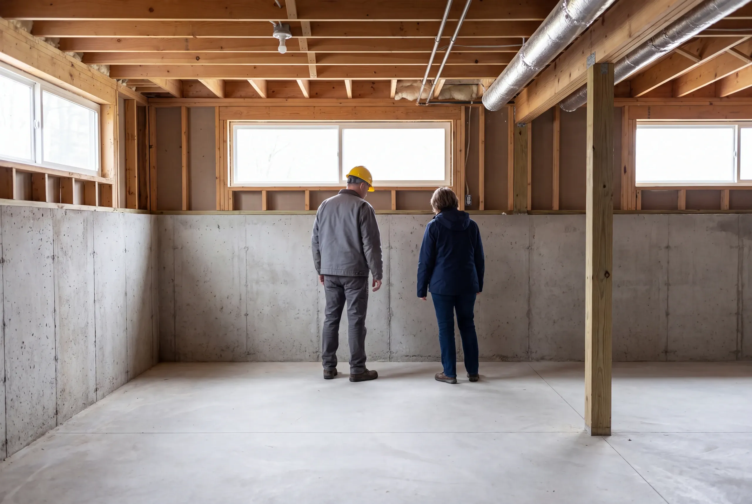 Two people viewed from behind stand inside an unfinished basement with concrete foundation walls and exposed wooden ceiling joists.