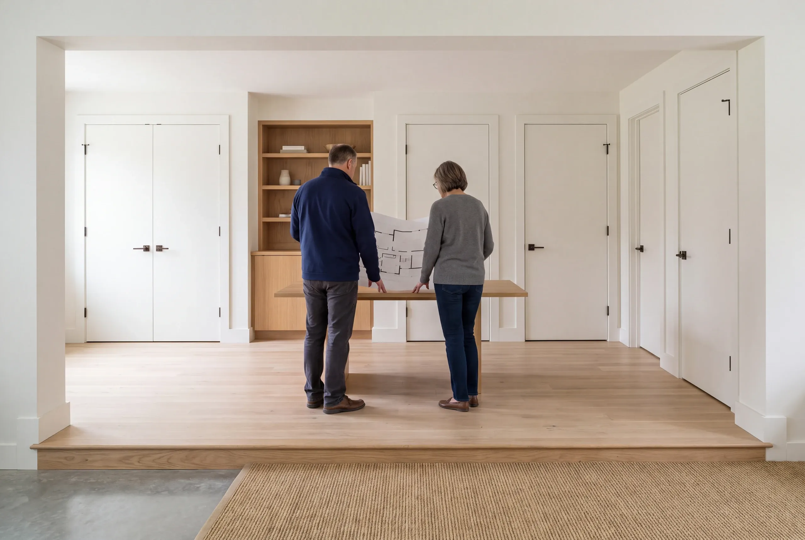 Two adults stand from behind viewing a floor plan on a table in a finished room with closed white doors.