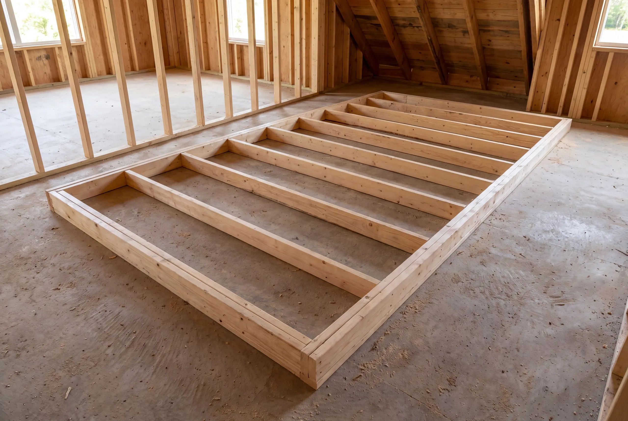 A wooden interior wall frame lies flat on a concrete floor inside an unfinished room with wooden studs and rafters.