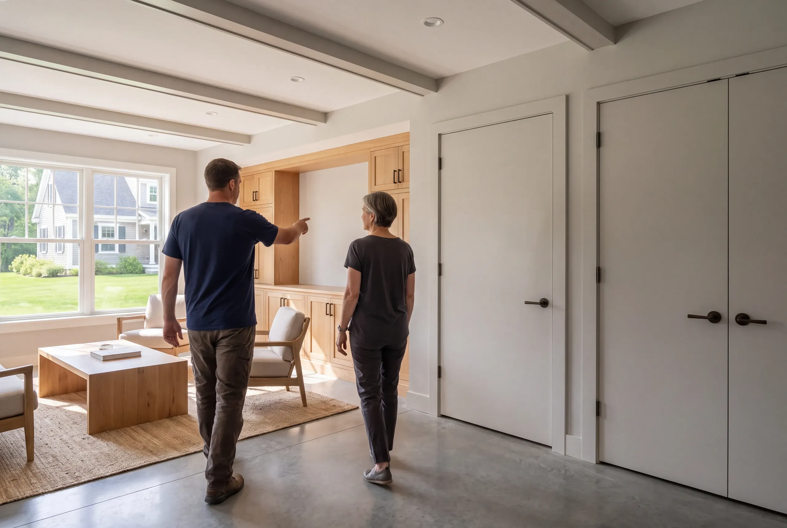 Two adults walk through a finished room with light hardwood built-in cabinetry, polished concrete floors, and closed white interior doors.