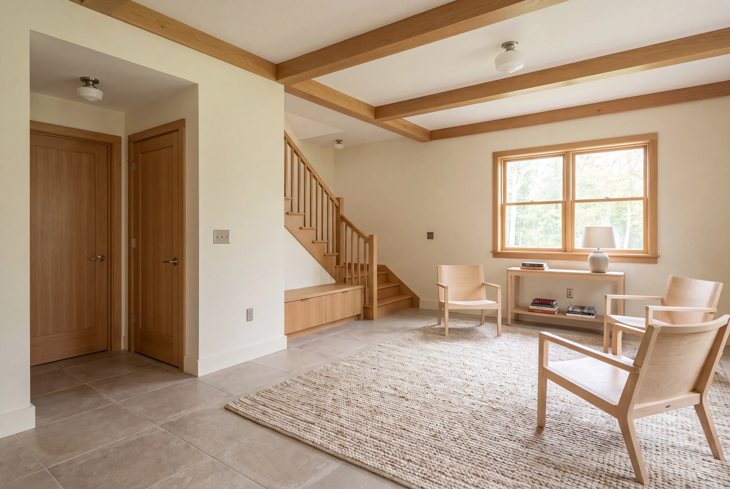 A finished lower level room with wooden beams, a staircase, tiled floor, and light wood armchairs.