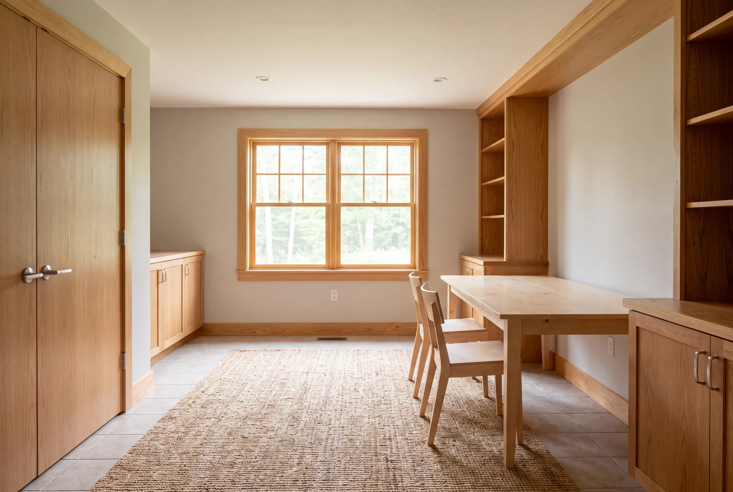 A finished room features light wood built-in shelving, cabinets, trim, a table with two chairs, and a window looking out onto greenery.