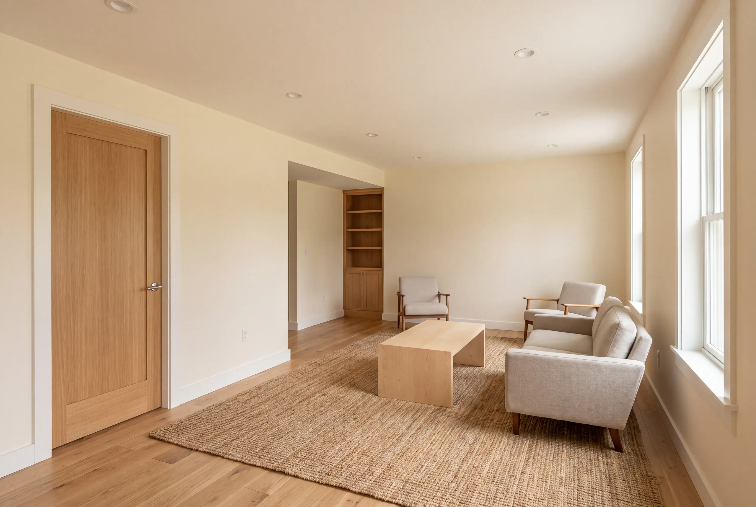 A finished room with light walls, wood flooring, a closed wooden door on the left, a rug with a sofa and armchairs, and built-in shelving in the background.