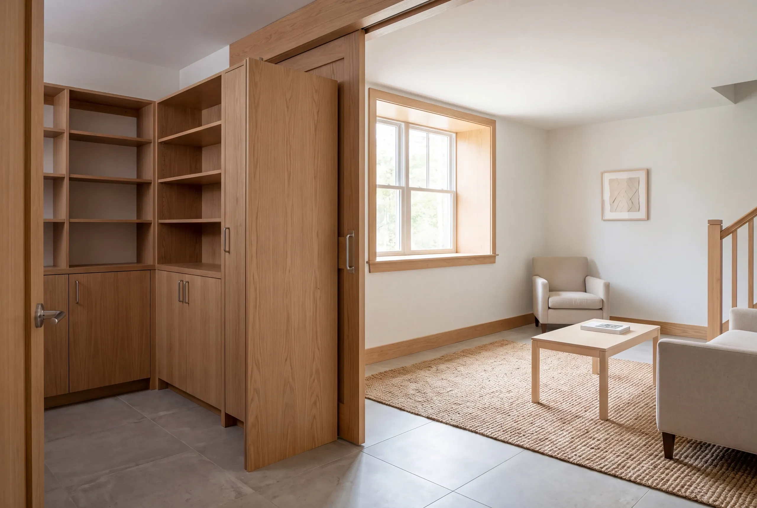 A newly finished room features wooden built-in shelving and a partition separating a seating area with a sofa, armchair, and coffee table.