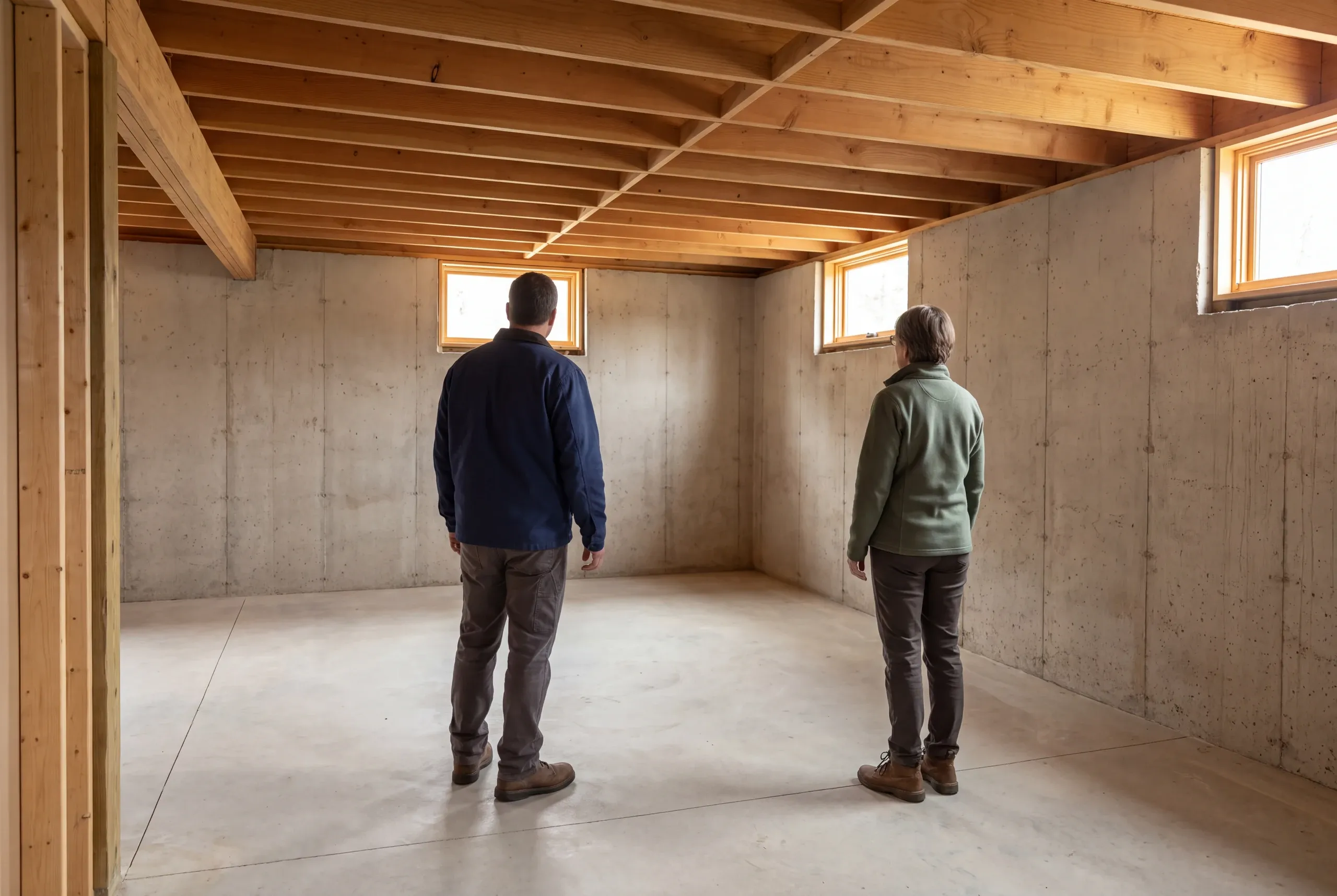 Two adults stand in an unfinished concrete basement looking toward the back wall.